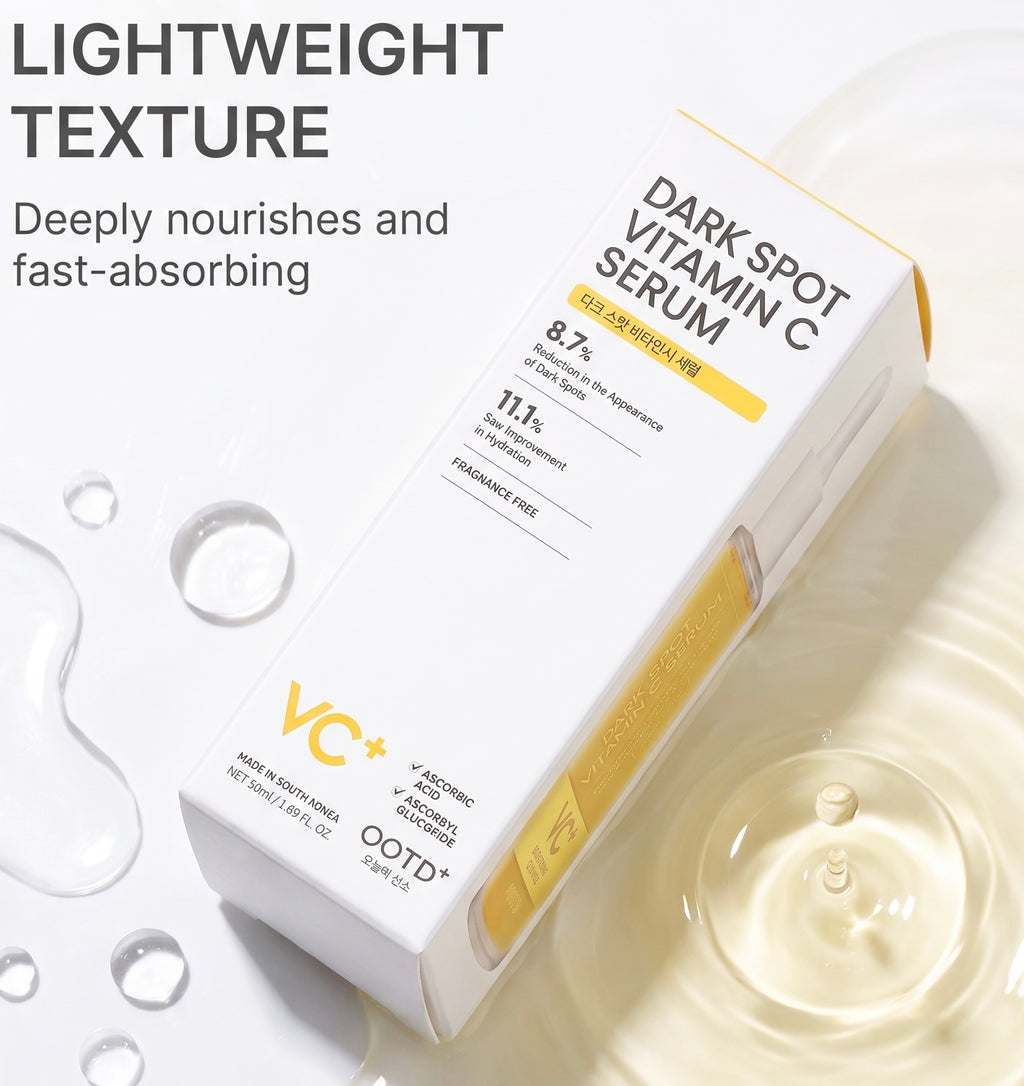 VC+ Dark Spot Vitamin C Serum by OOTD+ in a white and gold rectangular box, styled on a white background with liquid droplets and text highlighting lightweight texture and deep nourishment.