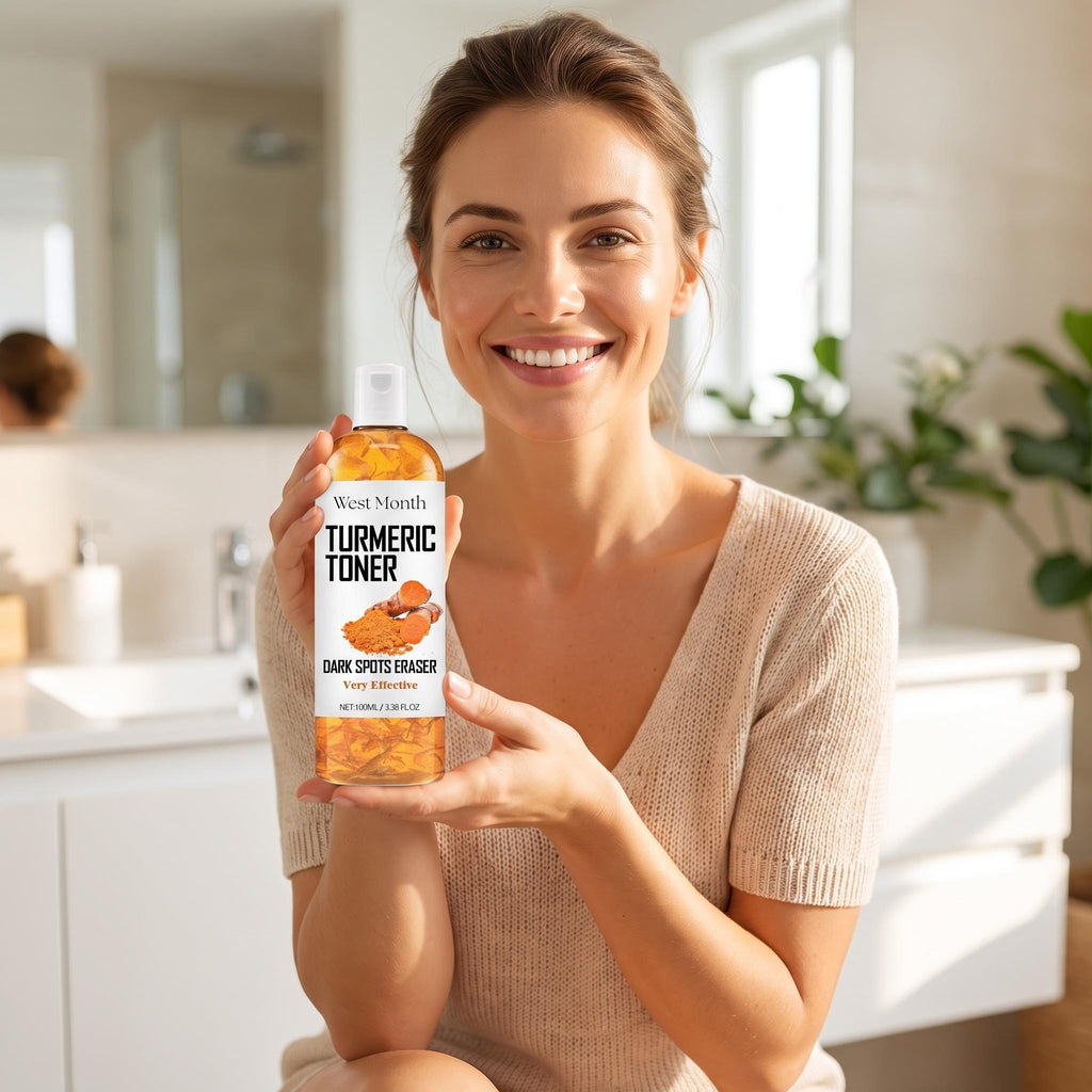 A smiling woman in a beige knit top holds up a bottle of West Month Turmeric Toner in a bright, modern bathroom setting.