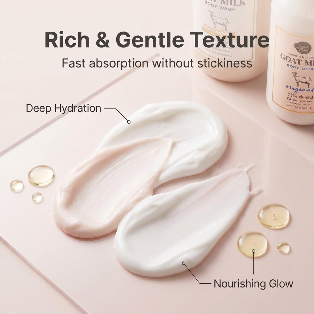 A close-up beauty ad showing two swaths of thick white body wash cream on a pale pink surface, with text reading 'Rich & Gentle Texture' and callouts for 'Deep Hydration' and 'Nourishing Glow.' Partial bottles labeled 'GOAT MILK BODY LOTION' appear in the background along with a few clear gel drops.