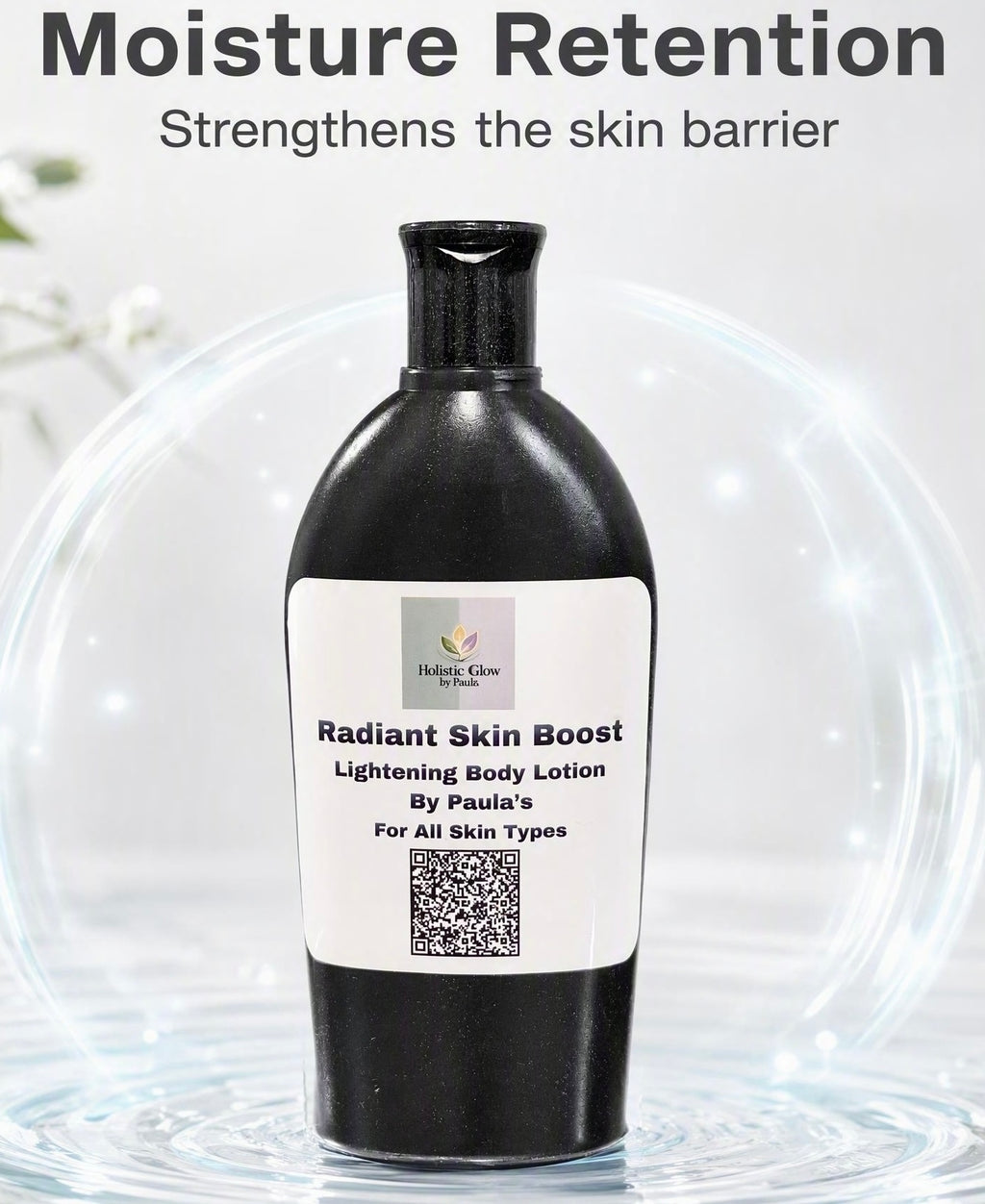 A black bottle of Radiant Skin Boost Lightening Body Lotion by Holly Glow Skincare, displayed against a white background with water ripple graphics and text highlighting moisture retention.