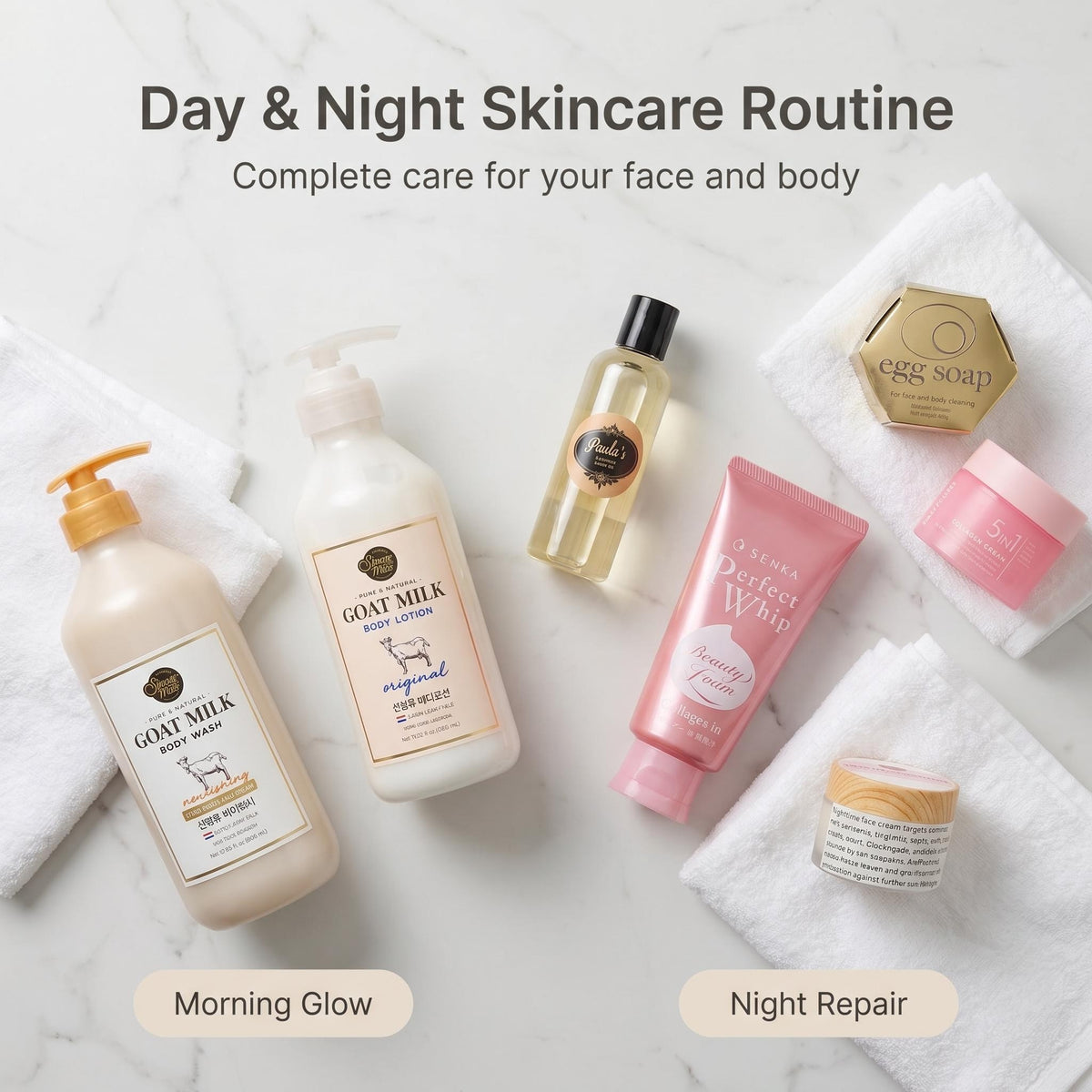 Day & Night Skincare Routine set featuring goat milk body wash, moisturizer, body wash, eye cream, and night repair cream arranged on white towels over a light marble background.