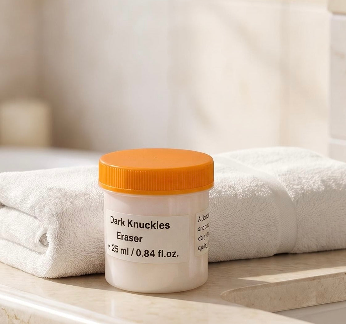 A jar of Dark Knuckles Eraser placed on a marble countertop in front of folded white towels. The product container is white with a bright orange lid and a white label with black text.