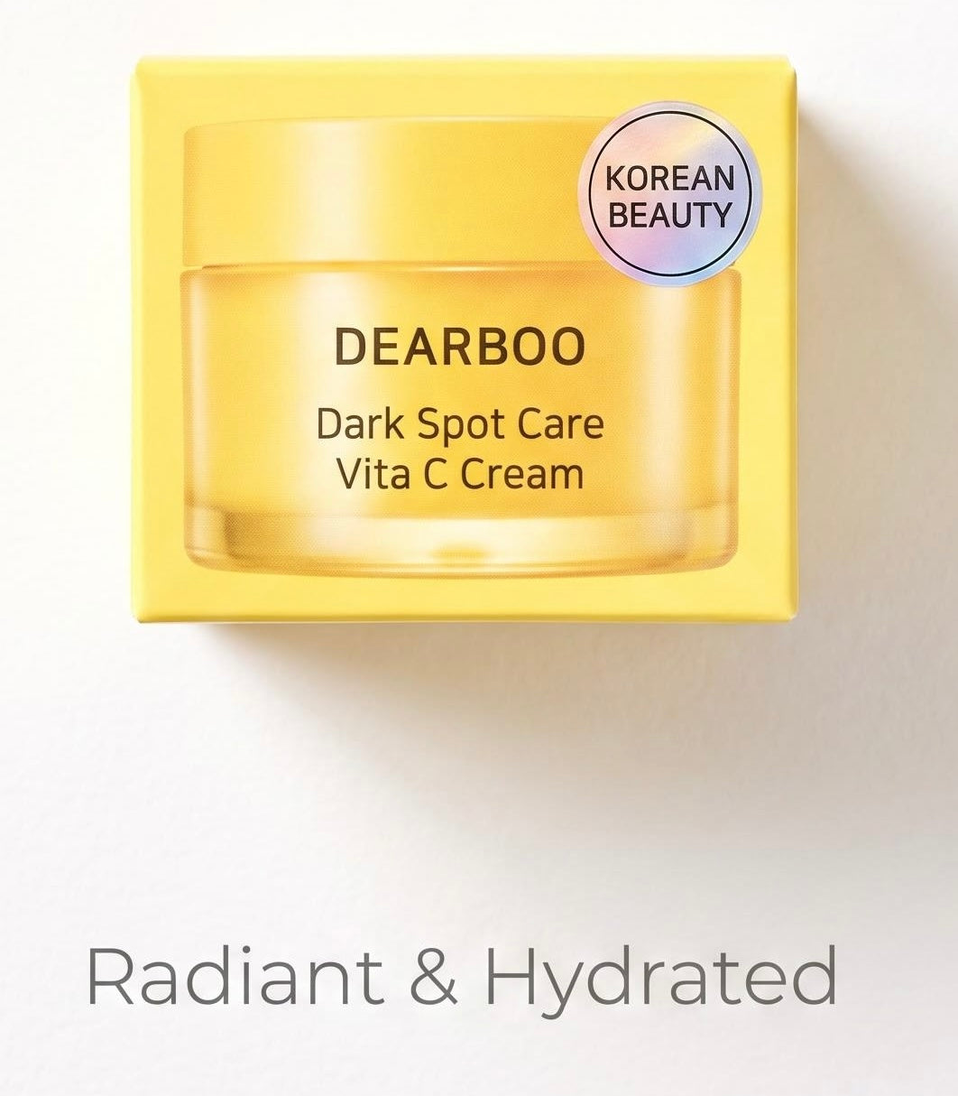 A yellow DEARBOO skincare cream jar with its matching yellow box packaging, featuring a circular 'KOREAN BEAUTY' badge. The text 'Radiant & Hydrated' is written below on a clean white background.
