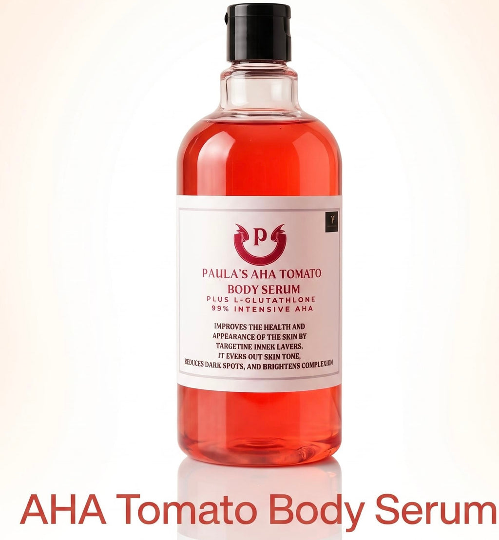 A bottle of Paula's AHA Tomato Body Serum with a black cap and a white label, containing a pinkish-red liquid, set against a light beige background with text overlay at the bottom.