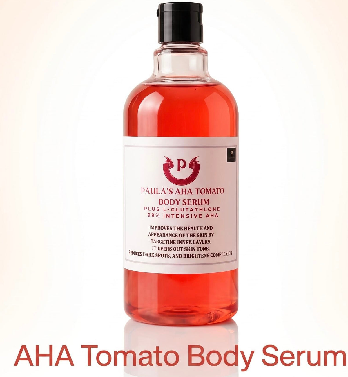 A bottle of Paula's AHA Tomato Body Serum with a black cap and a white label, containing a pinkish-red liquid, set against a light beige background with text overlay at the bottom.