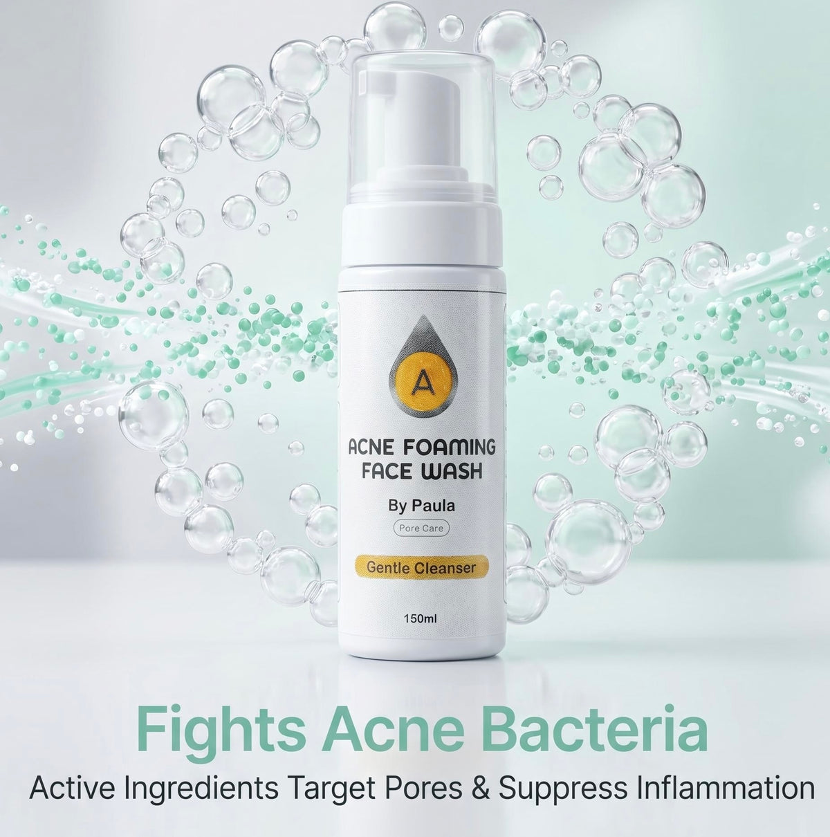 A white pump bottle of Acne Foaming Face Wash by Paula, centered against a light mint-green background with floating bubbles and text overlays.