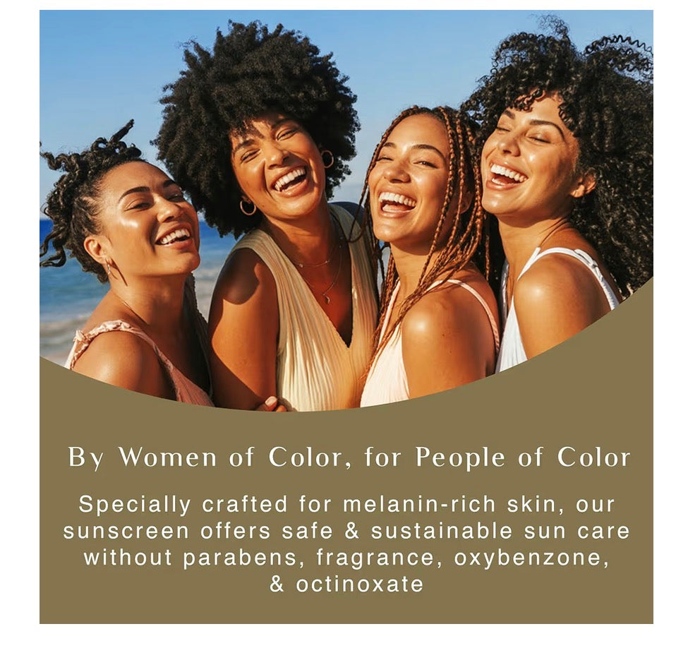 Four women laughing together with a text overlay about a sunscreen brand targeting melanin-rich skin.