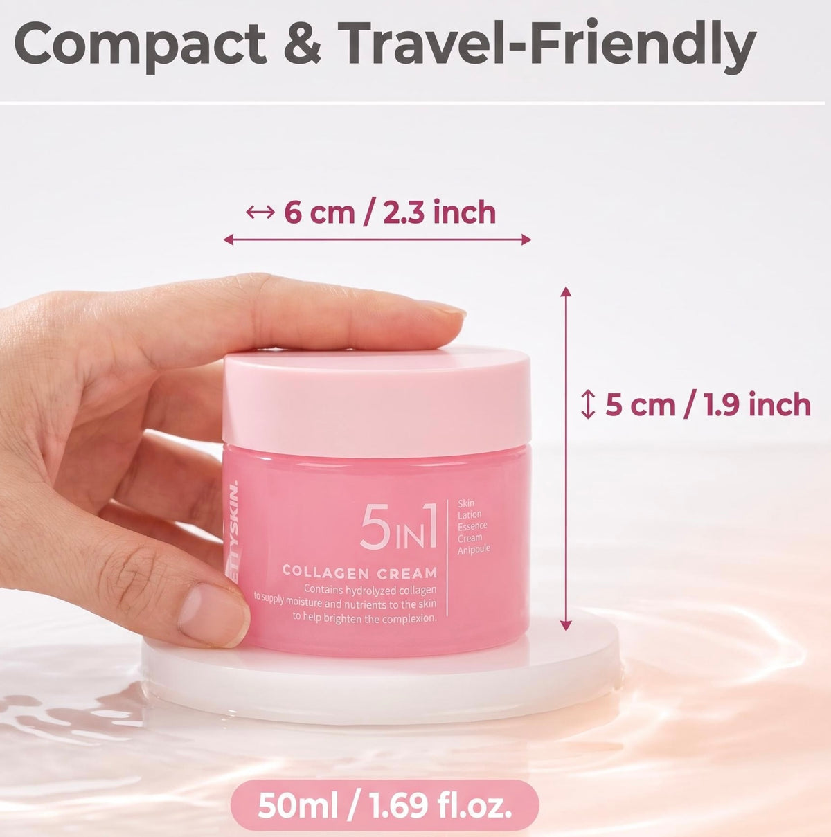 A hand holds a pink cosmetic jar labeled '5 in 1 Collagen Cream' against a clean white background with measurement arrows showing the jar's dimensions as 6 cm wide by 5 cm tall. Text at the top reads 'Compact & Travel-Friendly' and a size label at the bottom says '50ml / 1.
