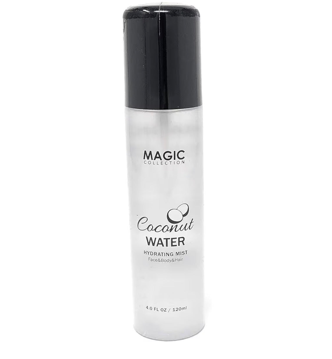 Coconut water hydrating mist bottle with black cap on a white background