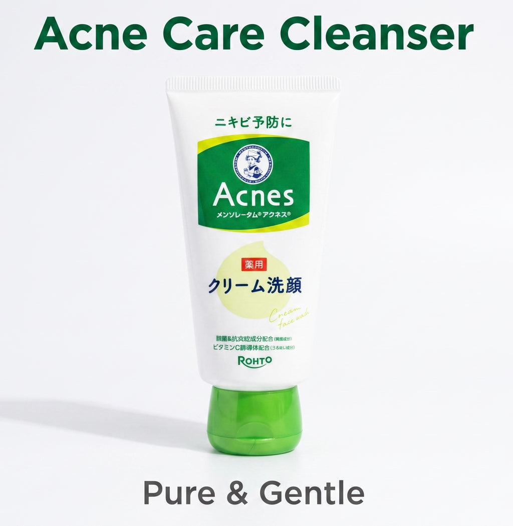 A tube of Rohto Acnes Acne Care Cleanser with a white body, green cap, and green and yellow label accents, set against a plain white background with text overlays 'Acne Care Cleanser' at the top and 'Pure & Gentle' at the bottom.