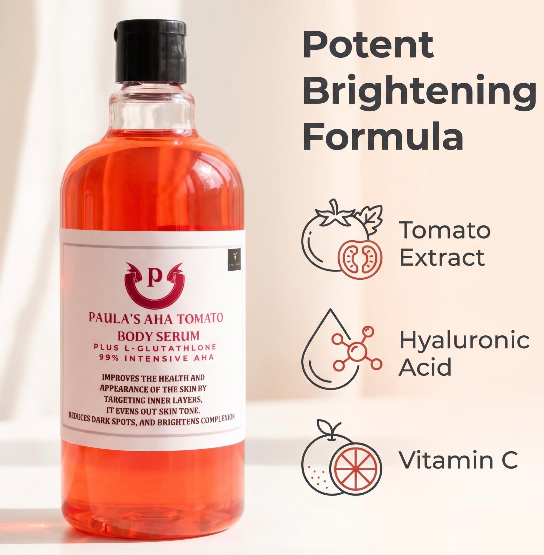 A bottle of Paula's Aha Tomato Body Serum with orange-amber liquid and a white label, shown next to text highlighting key ingredients: Tomato Extract, Hyaluronic Acid, and Vitamin C.