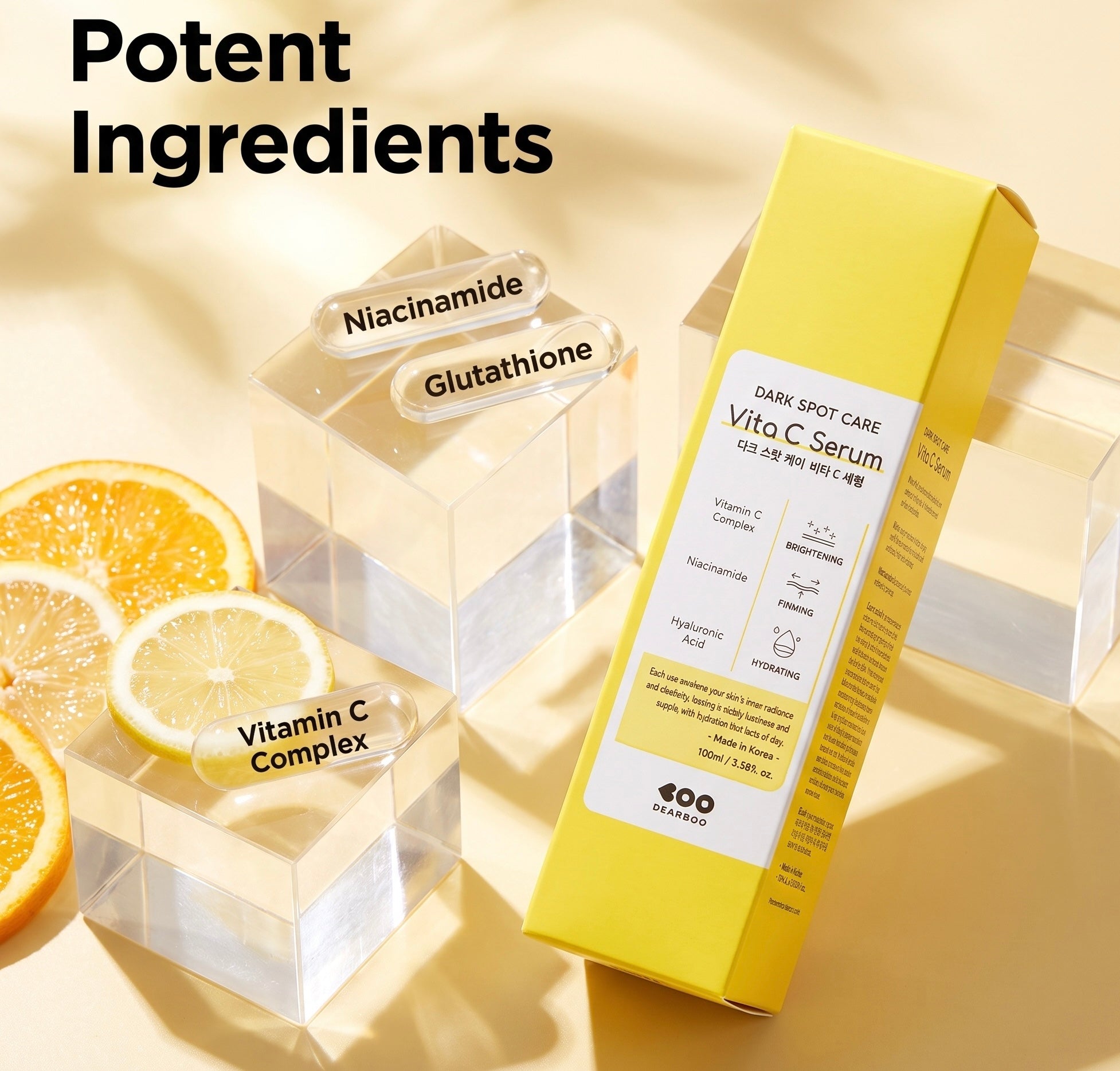 A yellow box of Dark Shot Care Vita C Serum is displayed next to clear acrylic blocks containing labeled supplement ingredients (Niacinamide, Glutathione, Vitamin C Complex) and sliced oranges on a warm beige background with the text 'Potent Ingredients'.