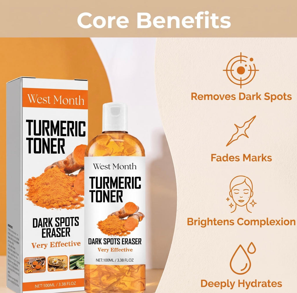 West Month Turmeric Toner Dark Spots Eraser shown with its retail box and bottle, alongside a 'Core Benefits' graphic listing skin benefits like removing dark spots, fading marks, brightening complexion, and deep hydration.