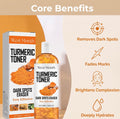 West Month Turmeric Toner Dark Spots Eraser shown with its retail box and bottle, alongside a 'Core Benefits' graphic listing skin benefits like removing dark spots, fading marks, brightening complexion, and deep hydration.