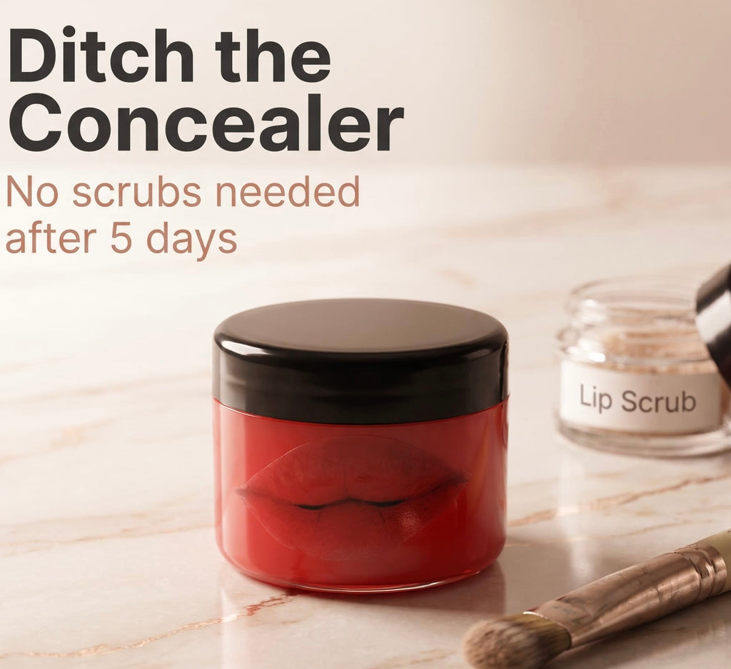 A jar of red lip concealer with a black lid sits on a light marble surface, with a brush and a small labeled lip scrub jar in the background. Text on the image reads, 'Ditch the Concealer' and 'No scrubs needed after 5 days.