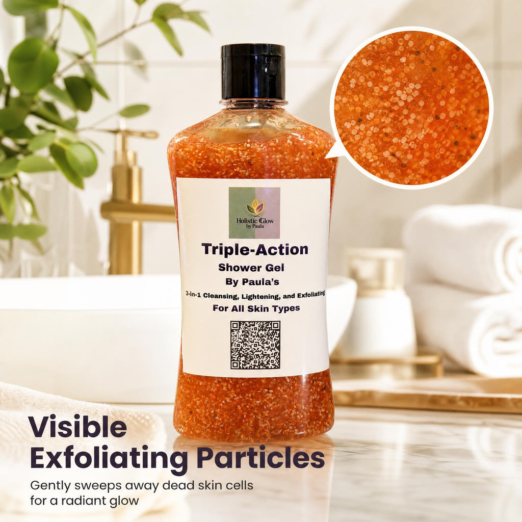 A bottle of Paula's Triple-Action Shower Gel stands on a bathroom counter with a sink, faucet, towels, and plant in the background. The clear bottle shows orange exfoliating particles inside, with a circular inset close-up of the texture.