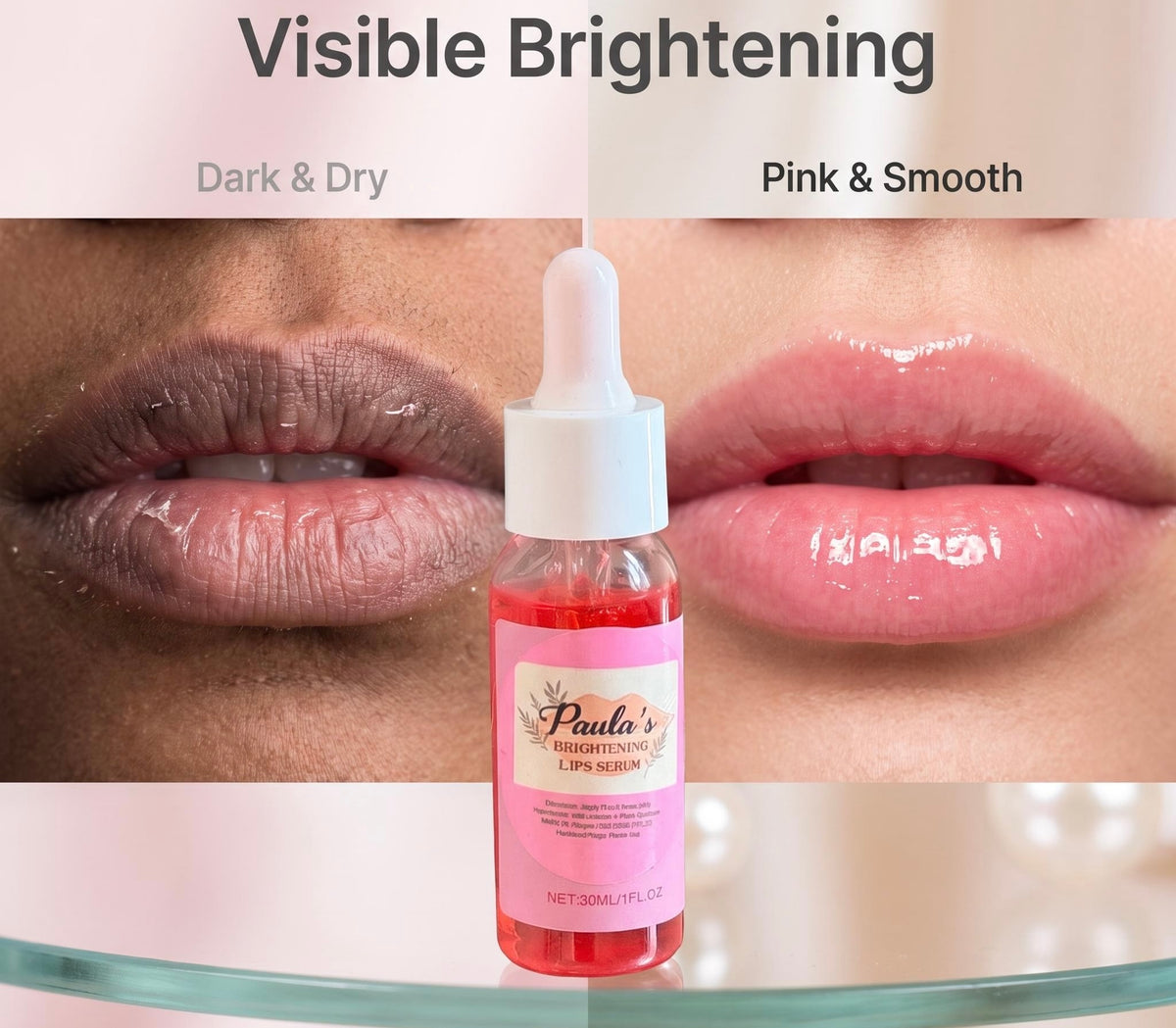A small dropper bottle of Paula's Restorative Lip Serum centered over a before-and-after lip comparison. The left side shows dry, dark lips labeled 'Dark & Dry,' and the right side shows glossy, pink lips labeled 'Pink & Smooth.