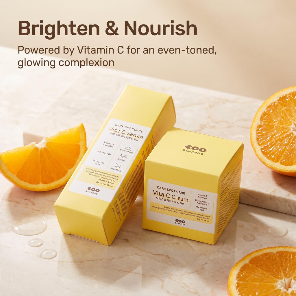Two yellow skincare boxes from 400 SEASONS, one containing Vita C Serum and the other Vita C Cream, displayed on a marble surface with orange slices around them. Text at the top reads 'Brighten & Nourish' and 'Powered by Vitamin C for an even-toned, glowing complexion'.