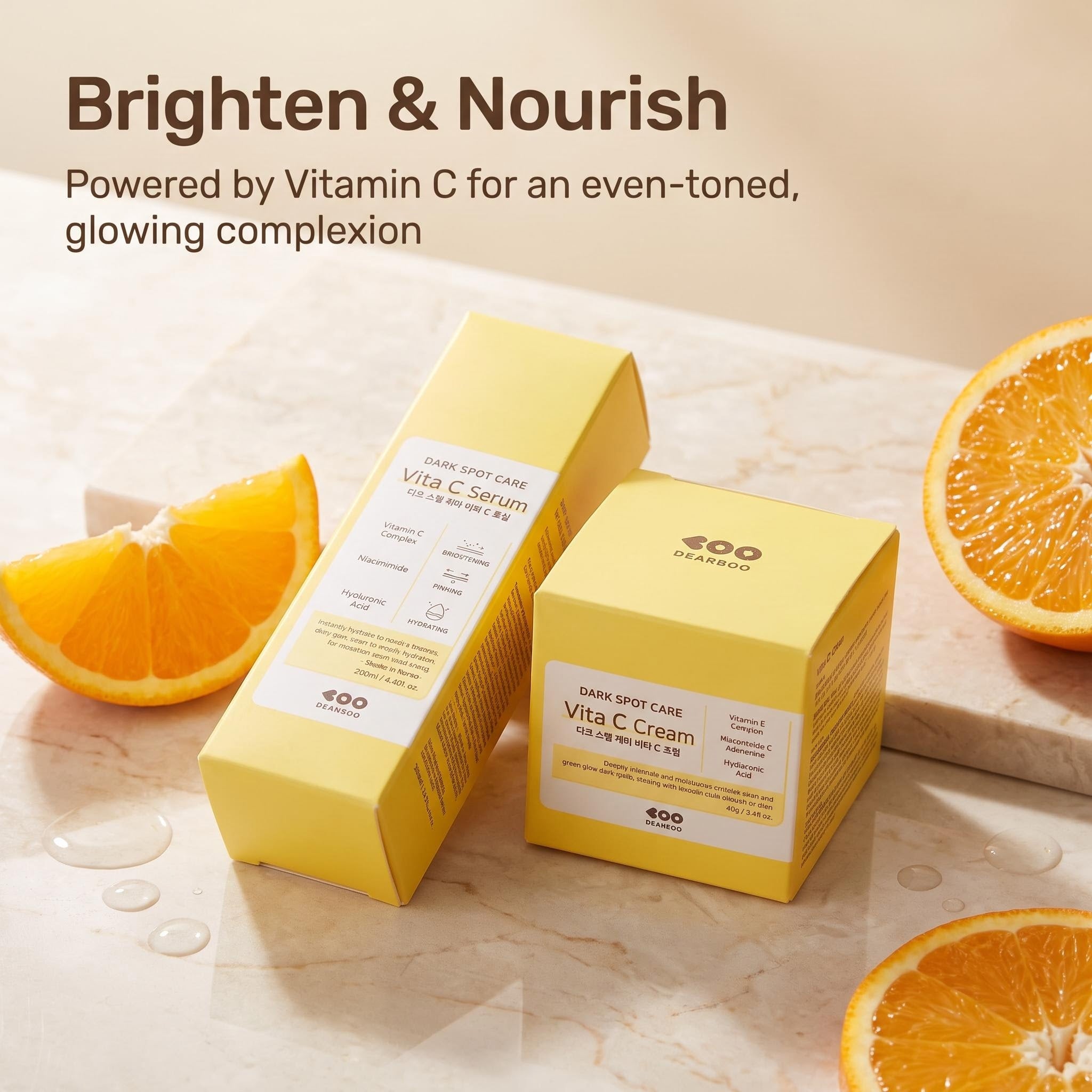 Two yellow skincare boxes from 400 SEASONS, one containing Vita C Serum and the other Vita C Cream, displayed on a marble surface with orange slices around them. Text at the top reads 'Brighten & Nourish' and 'Powered by Vitamin C for an even-toned, glowing complexion'.