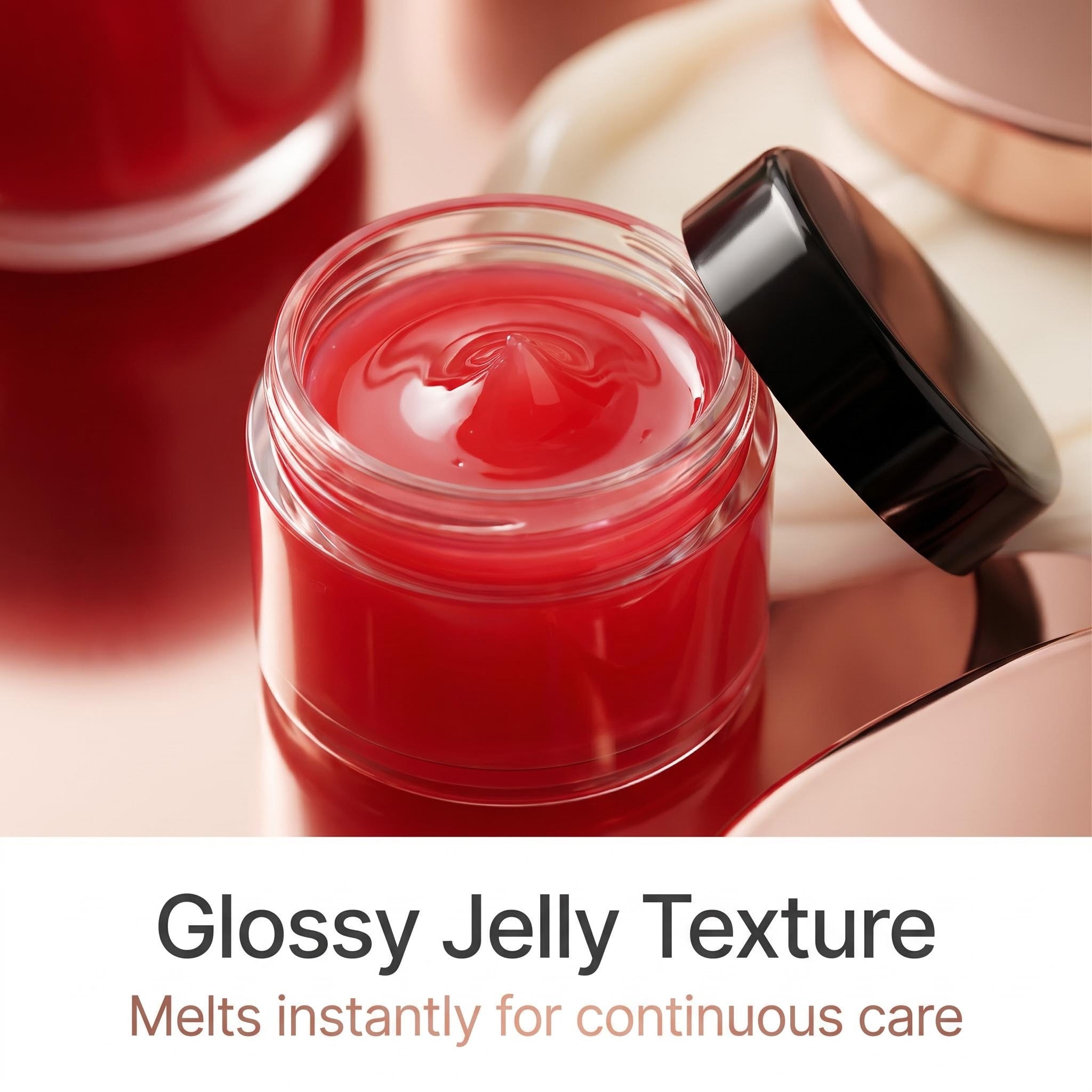 An open clear jar filled with glossy red jelly or balm, with its black lid leaning beside it. The image includes text at the bottom reading 'Glossy Jelly Texture' and 'Melts instantly for continuous care' on a white background.