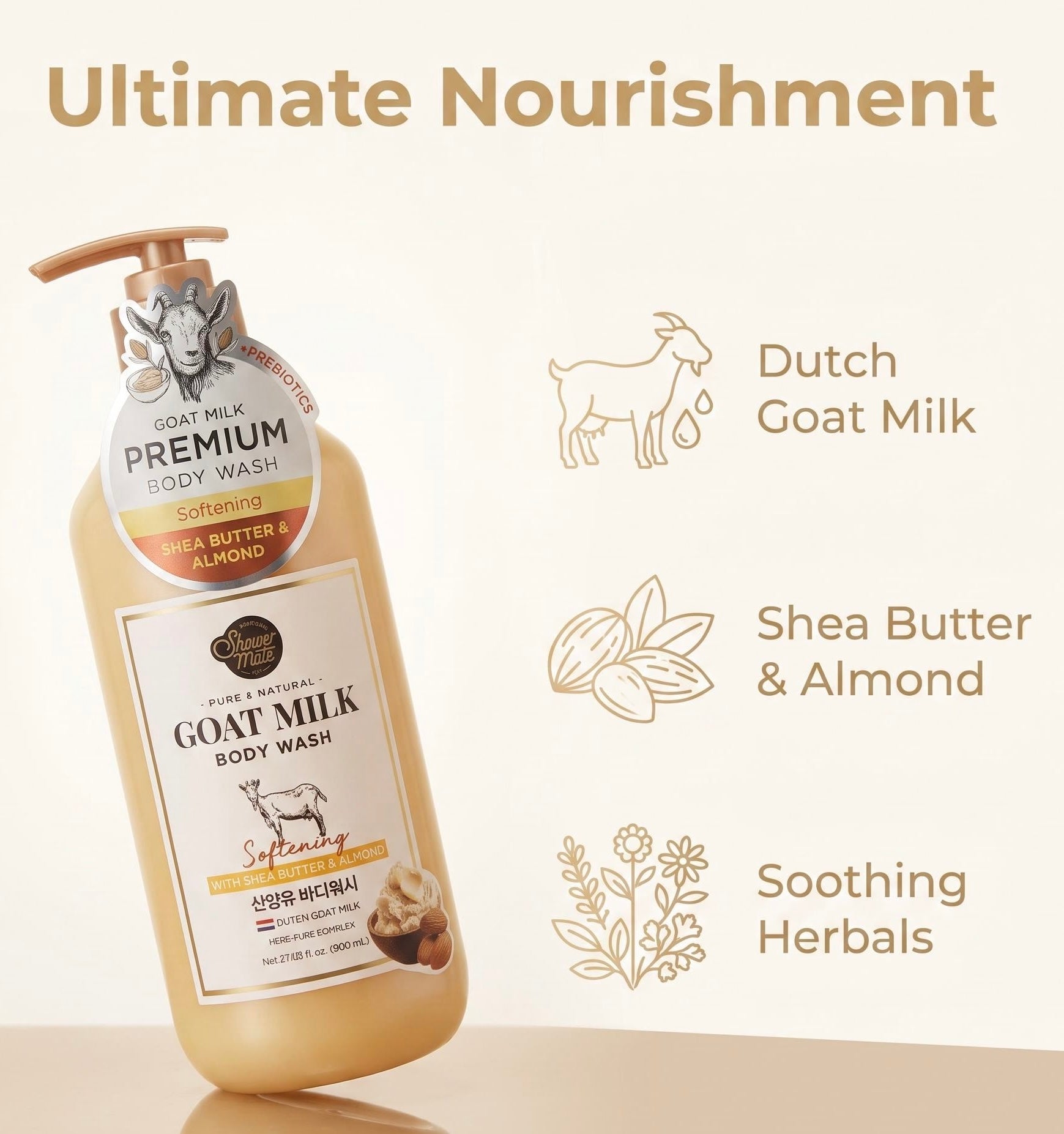 A bottle of Pure & Natural Goat Milk Premium Body Wash, Soothing variant, shown on a warm beige background with promotional text highlighting Dutch Goat Milk, Shea Butter & Almond, and Soothing Herb ingredients.