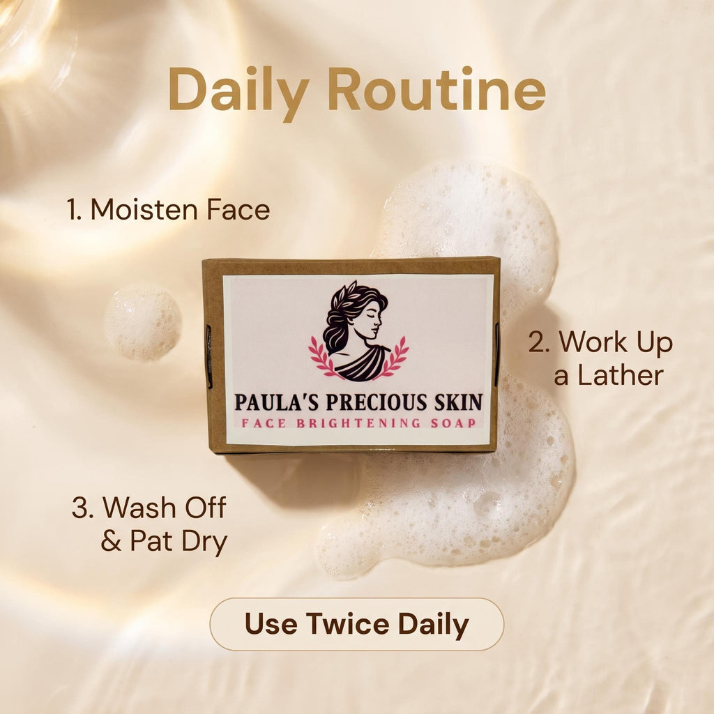 A boxed skincare product labeled 'PAULA'S PRECIOUS SKIN FACE BRIGHTENING SOAP' centered on a warm cream background with bubbles and overlaid text reading 'Daily Routine' and step-by-step usage instructions.