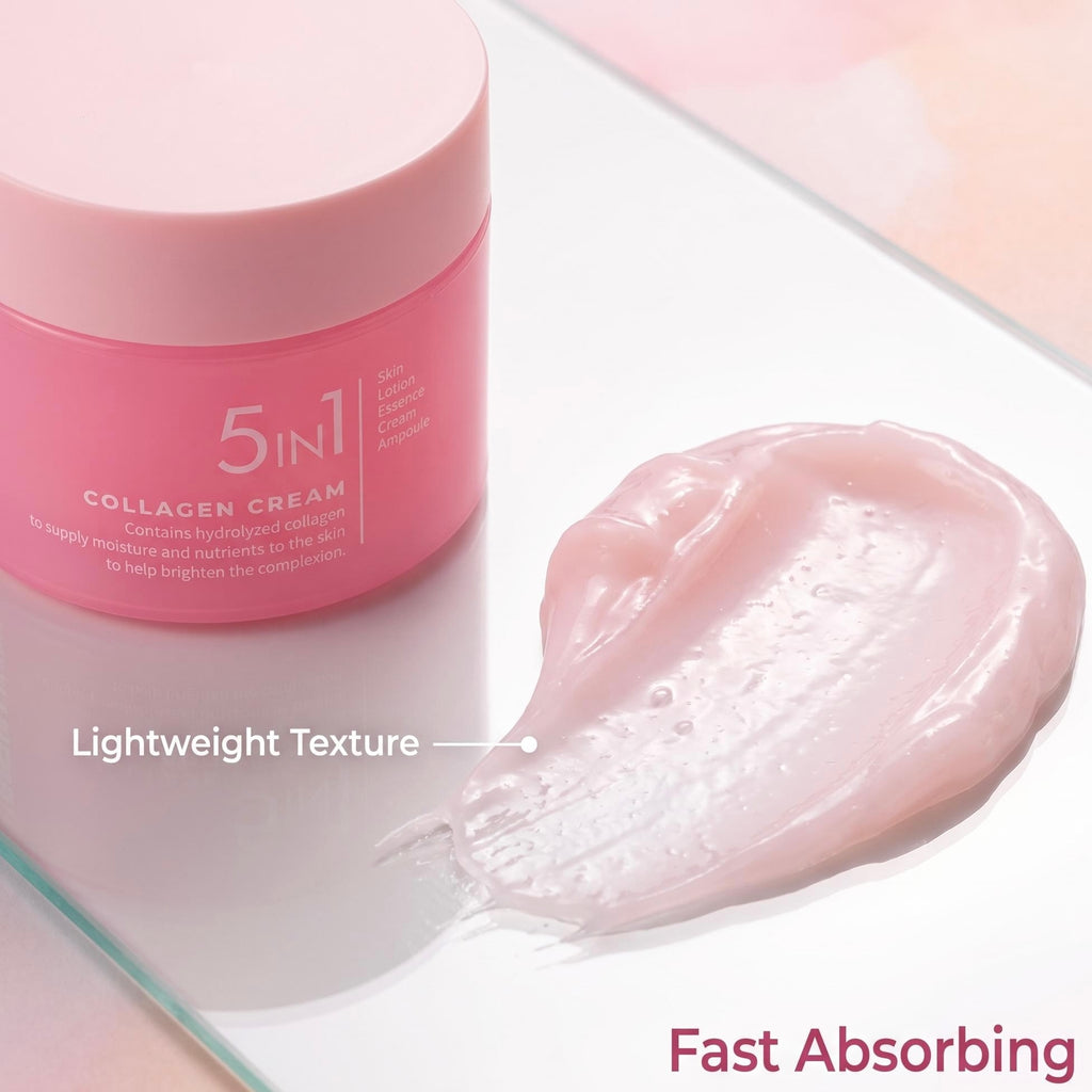 Pink cosmetic jar labeled '5 in 1 Collagen Cream' beside a glossy smear of the cream on a pale reflective surface, with text reading 'Lightweight Texture' and 'Fast Absorbing'.