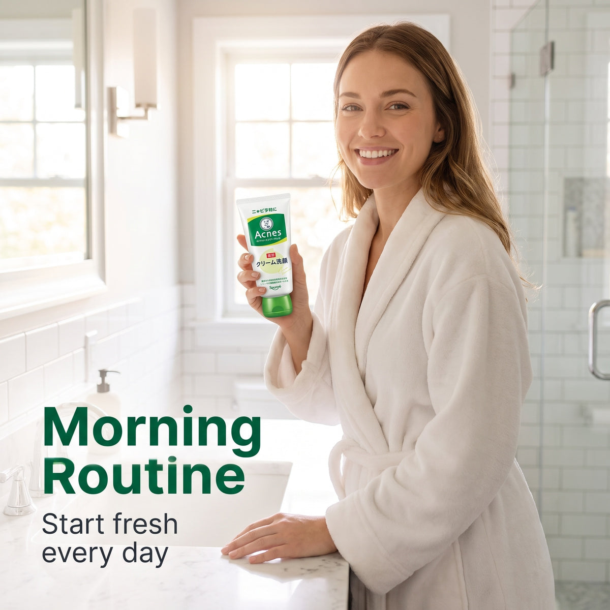 A woman in a white bathrobe stands in a bright bathroom holding a tube of OTC Medicine mouthwash. Large text on the left reads 'Morning Routine' and 'Start fresh every day'.