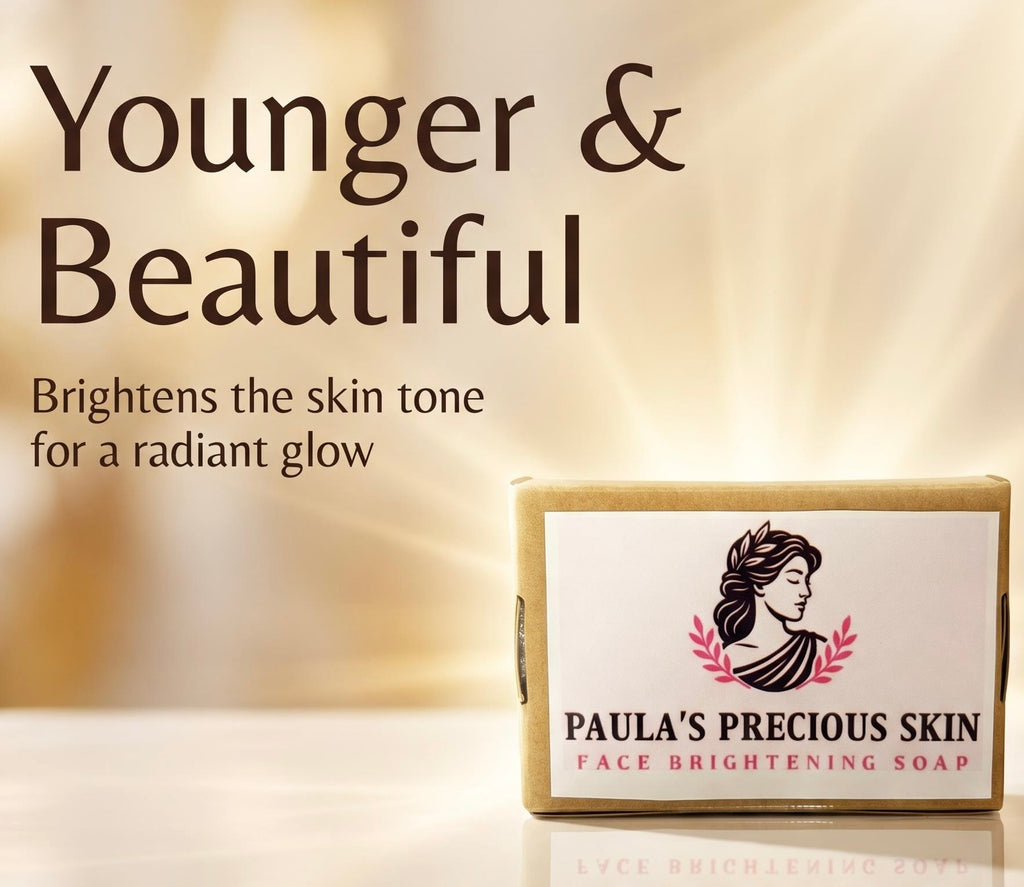 A boxed face brightening soap by Paula's Precious Skin shown on a warm beige background with promotional text reading 'Younger & Beautiful' and 'Brightens the skin tone for a radiant glow.'.