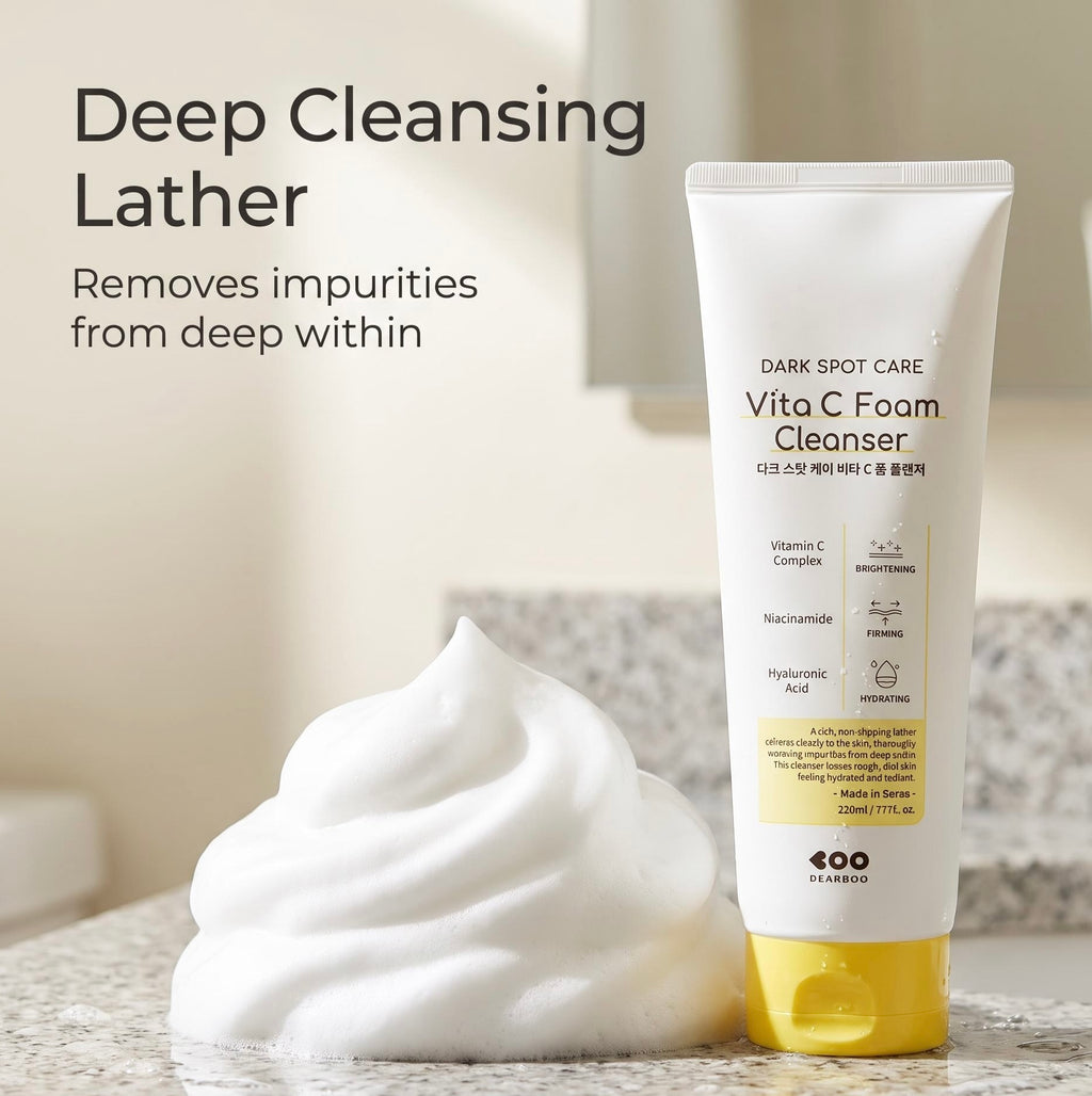 A tube of 400 Brand Dark Spot Care Vita C Foam Cleanser stands on a marble countertop beside a large dollop of white cleansing foam, with promotional text reading 'Deep Cleansing Lather' and 'Removes impurities from deep within' on a softly blurred bathroom background.