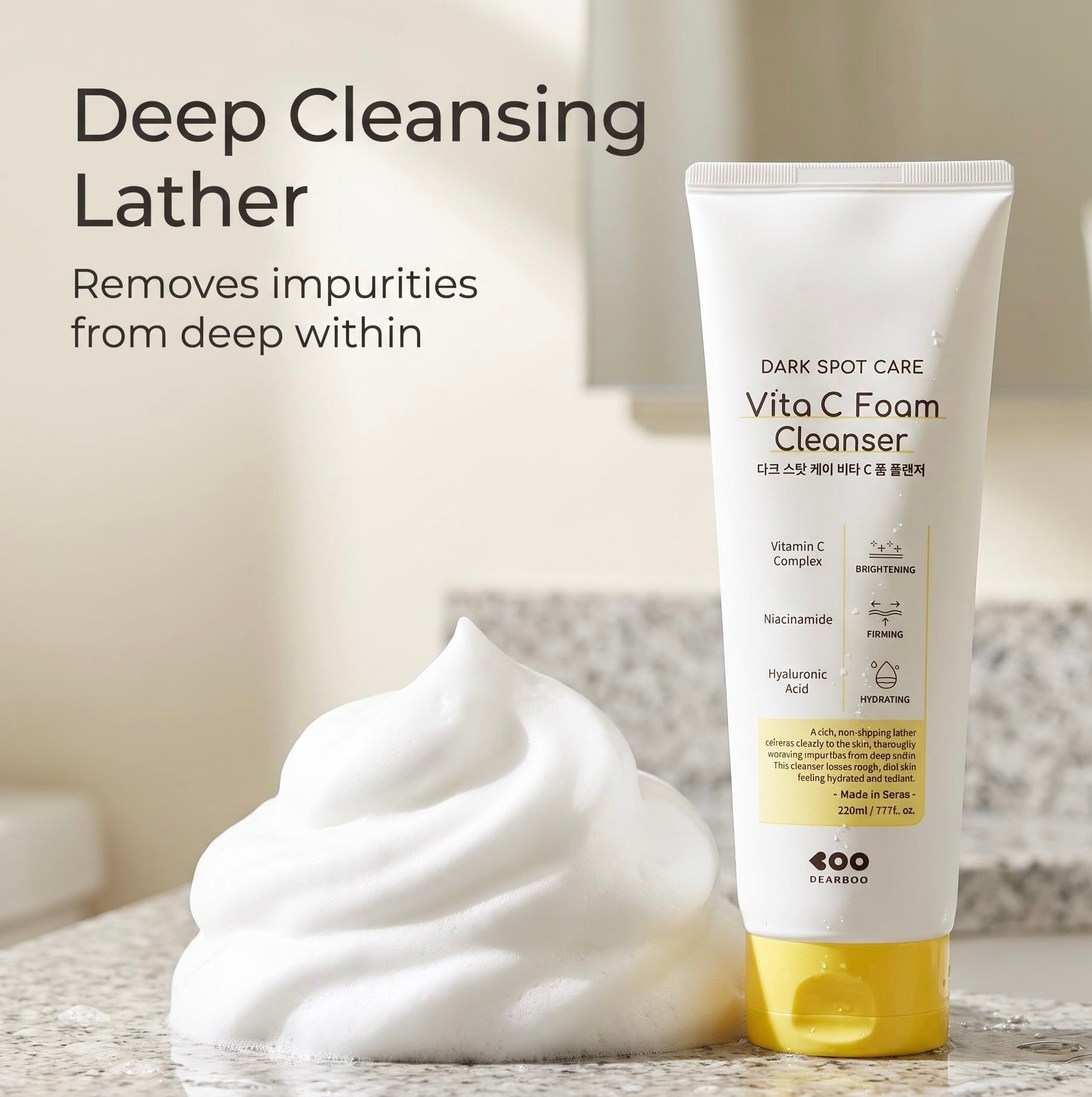 A tube of 400 Brand Dark Spot Care Vita C Foam Cleanser stands on a marble countertop beside a large dollop of white cleansing foam, with promotional text reading 'Deep Cleansing Lather' and 'Removes impurities from deep within' on a softly blurred bathroom background.