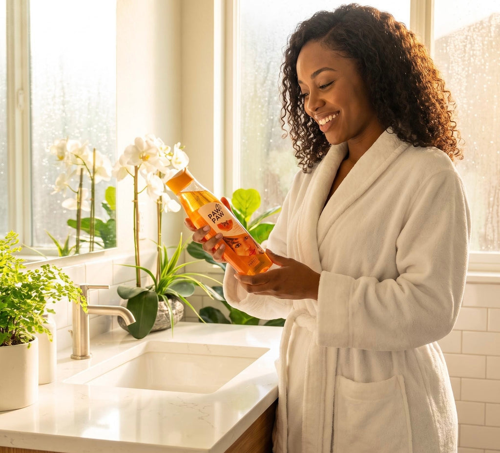 A woman in a white bathrobe stands in a bright bathroom holding an orange juice bottle with a smiling expression. The scene is set near a sink with white orchids and green plants in the background.