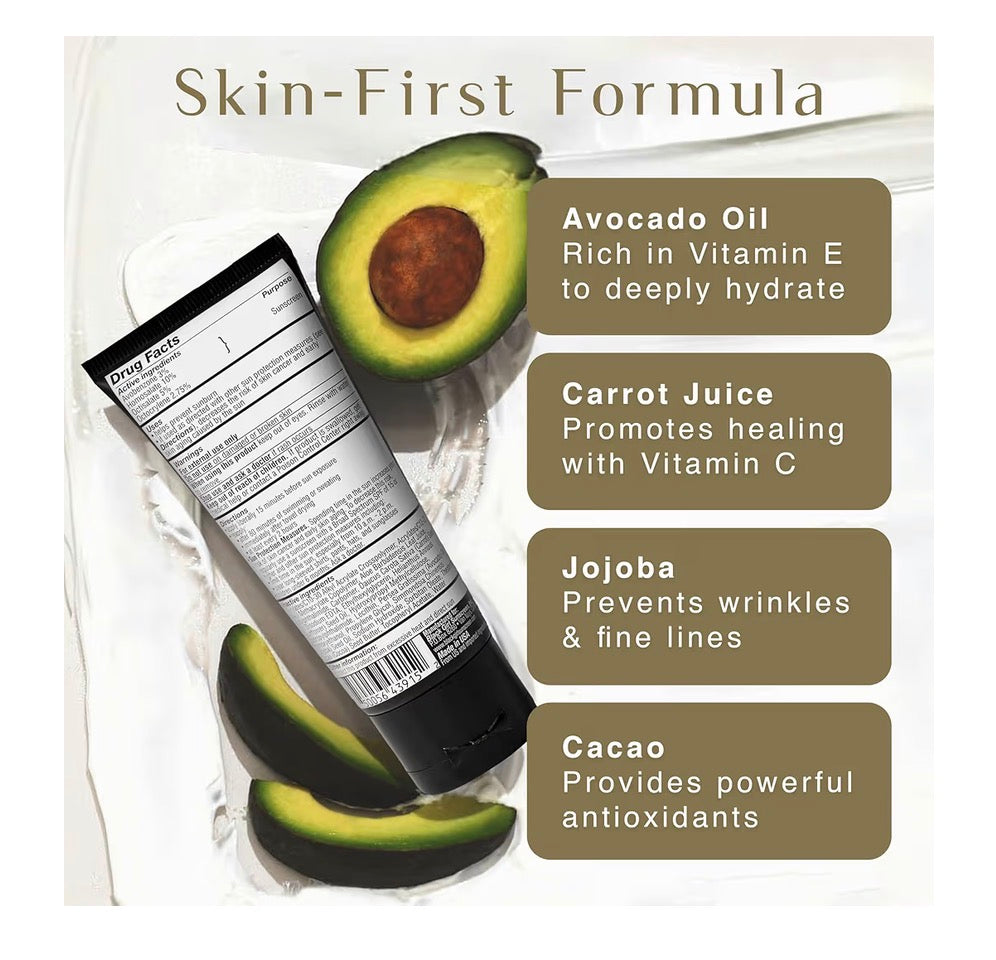 Skincare product with avocado, carrot, and cacao ingredients on a white background