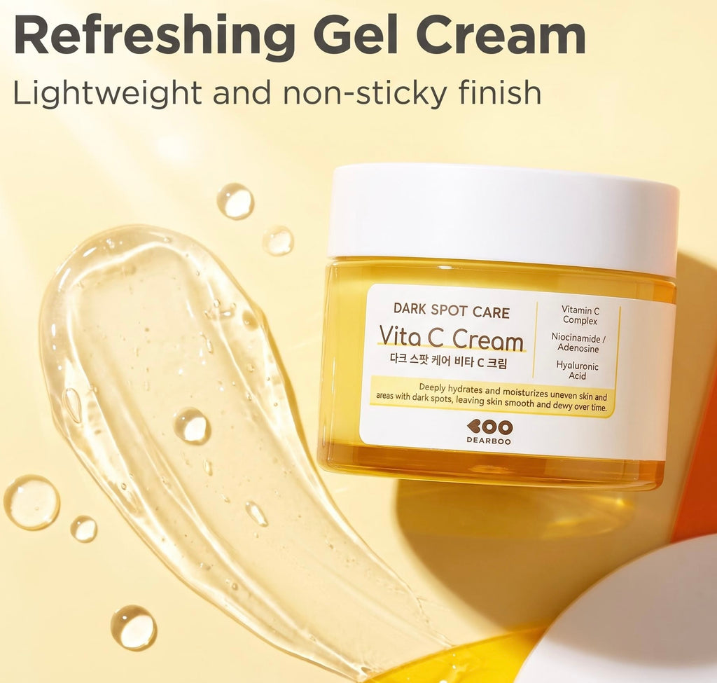 DEAREGO Dark Spot Care Vita C Cream jar with a white cap, shown on a warm cream background with a translucent gel smear and headline text reading 'Refreshing Gel Cream' and 'Lightweight and non-sticky finish.'.