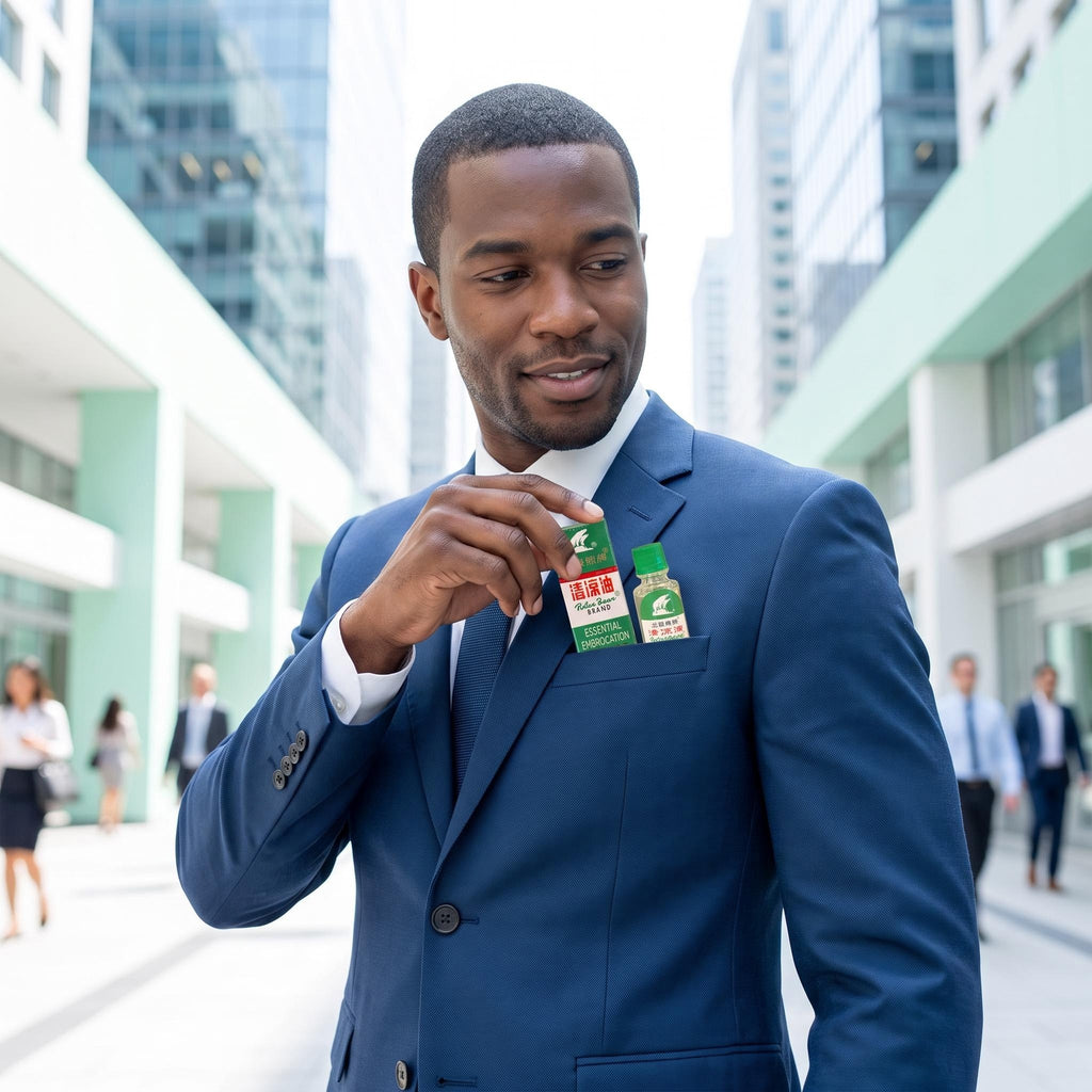 A man in a blue suit jacket stands in a modern outdoor walkway, holding a small green and white product package near his chest pocket.