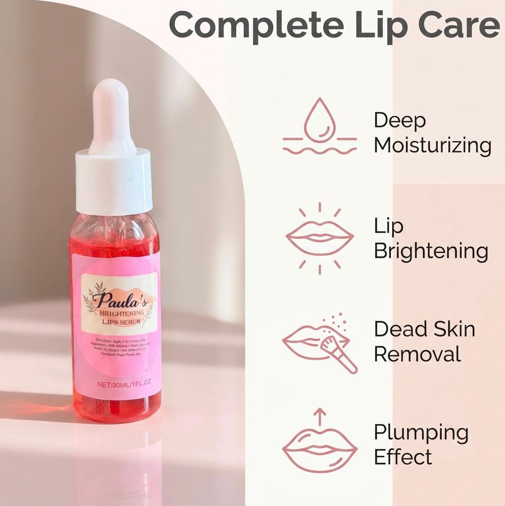 A bottle of Paula's Fragrance Lip Serum with pink liquid and a pink label, shown next to text and icons describing benefits: deep moisturizing, lip brightening, dead skin removal, and plumping effect.