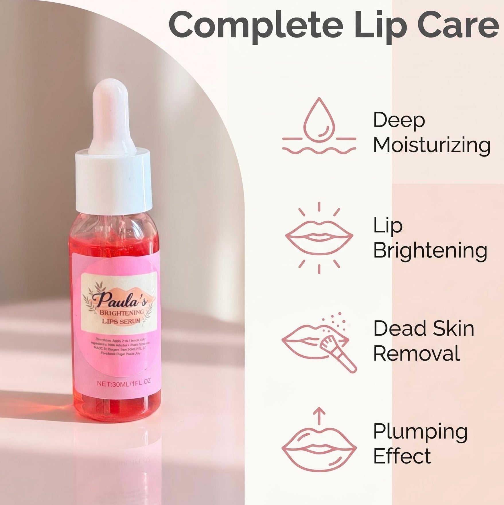 A bottle of Paula's Fragrance Lip Serum with pink liquid and a pink label, shown next to text and icons describing benefits: deep moisturizing, lip brightening, dead skin removal, and plumping effect.