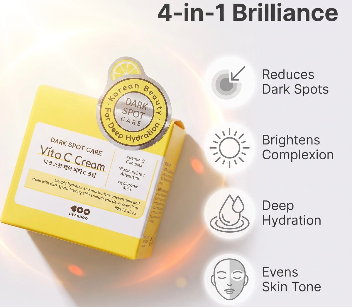 A yellow box of 400 Glow Vita C Cream Dark Spot Care is shown on a light gray background with marketing text and icons claiming it reduces dark spots, brightens complexion, provides deep hydration, and evens skin tone.