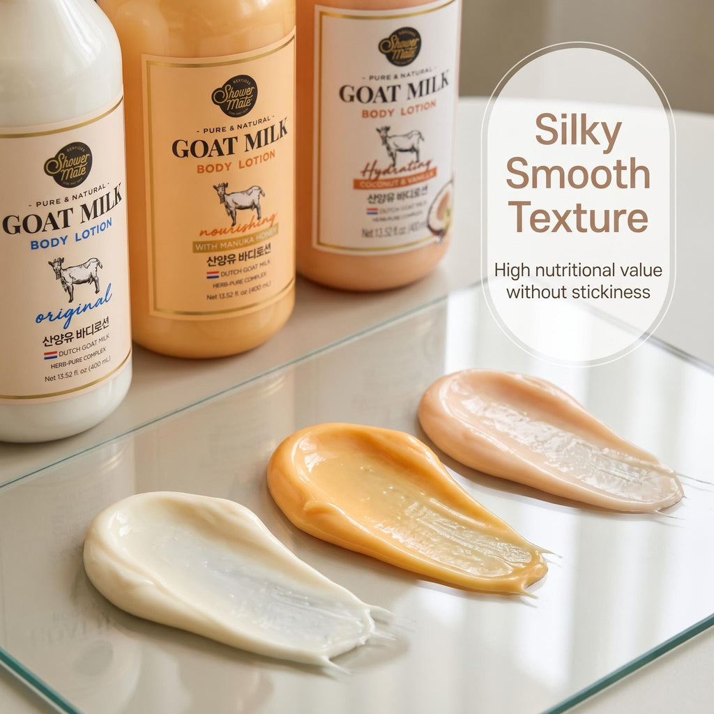 Three Pure & Natural Pure Goat Milk Body Lotions in different shades are lined up on a glass surface, with three corresponding cream swatches in front. A text bubble on the right reads 'Silky Smooth Texture' and 'High nutritional value without stickiness'.