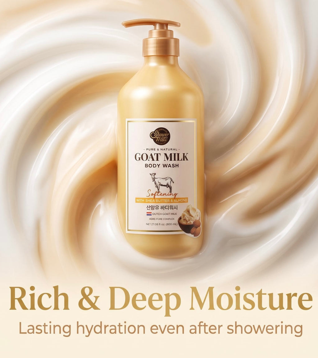 A bottle of Pure Natural Goat Milk Body Wash with a gold pump and cream-colored label, set against a swirling beige background with promotional text at the bottom.