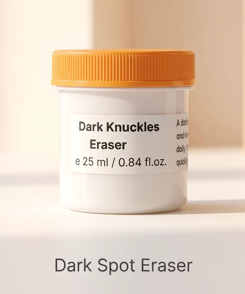 A white cosmetic jar with an orange lid labeled 'Dark Knuckles Eraser' on a warm beige background, with the text 'Dark Spot Eraser' below.