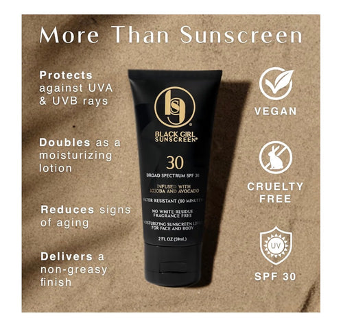 Black Girl Sunscreen tube with product features on a brown background