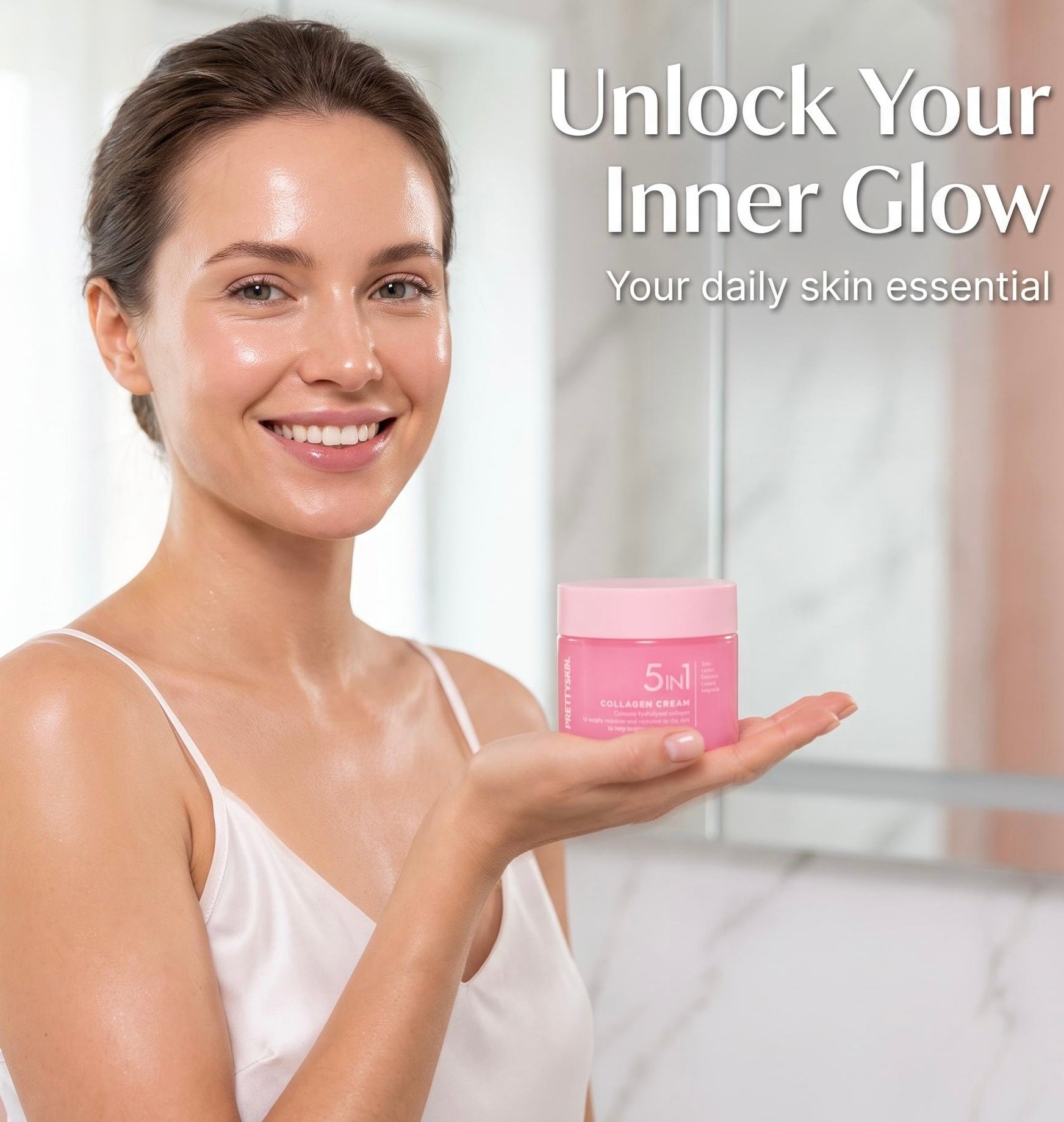 A smiling woman in a white satin camisole holds a pink cosmetic jar labeled '5 in 1' in her hand, with the text 'Unlock Your Inner Glow' and 'Your daily skin essential' on a softly lit bathroom-like background.