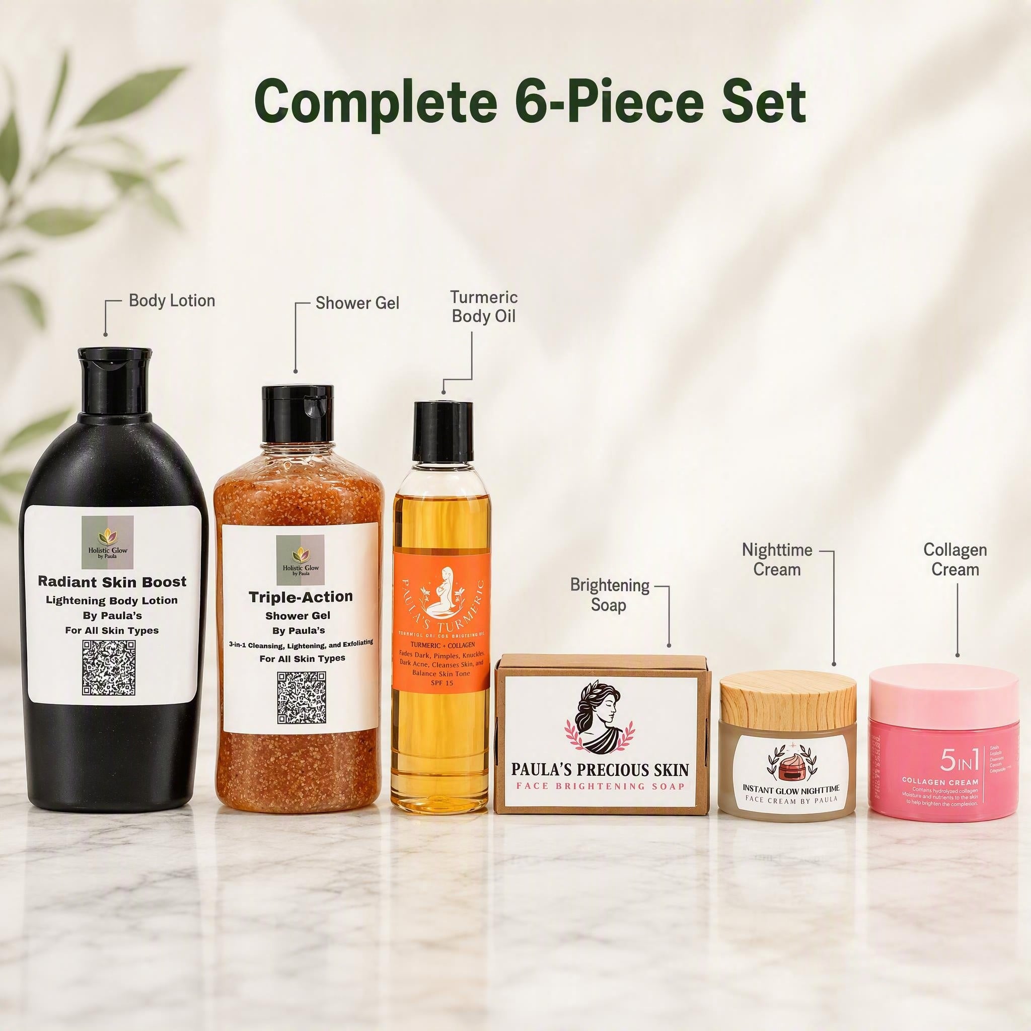 A 6-piece skincare set from Paula's Precious Skin arranged on a marble surface with text labels identifying each item: body lotion, shower gel, turmeric body oil, brightening soap, nighttime cream, and collagen cream.