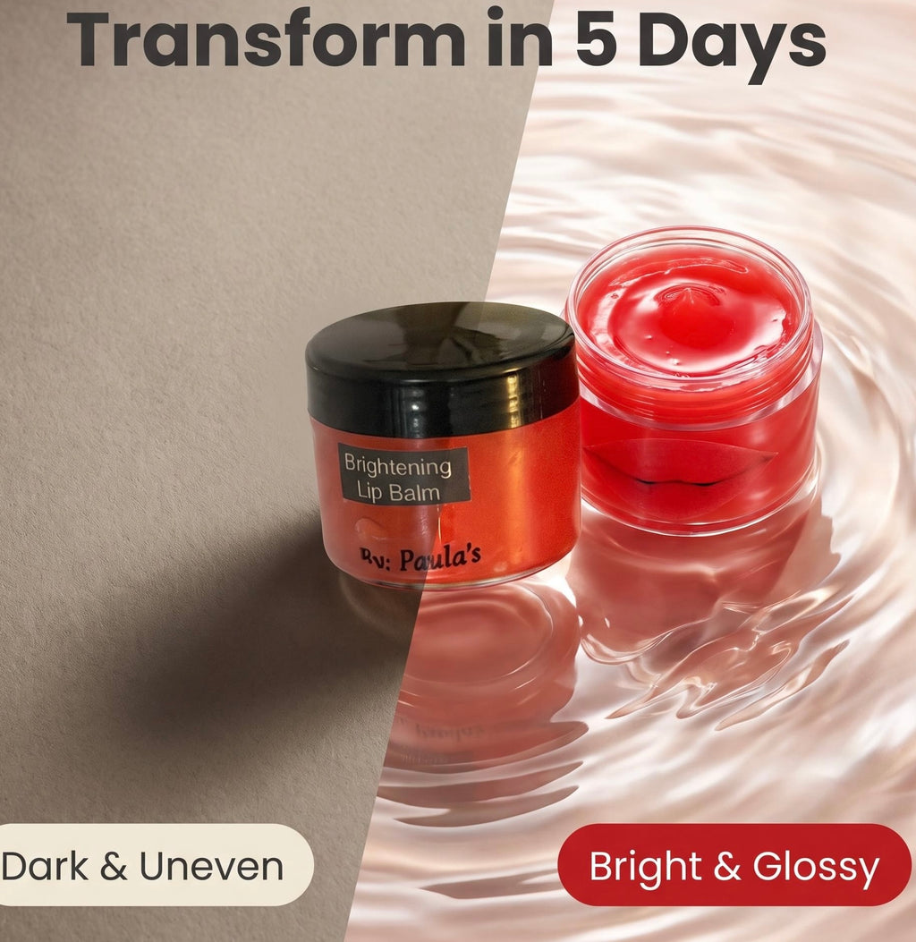 Two jars of Dr. Paula's Brightening Lip Balm shown on a split beige and glossy reflective background with text reading 'Transform in 5 Days' and 'Dark & Uneven' / 'Bright & Glossy'.