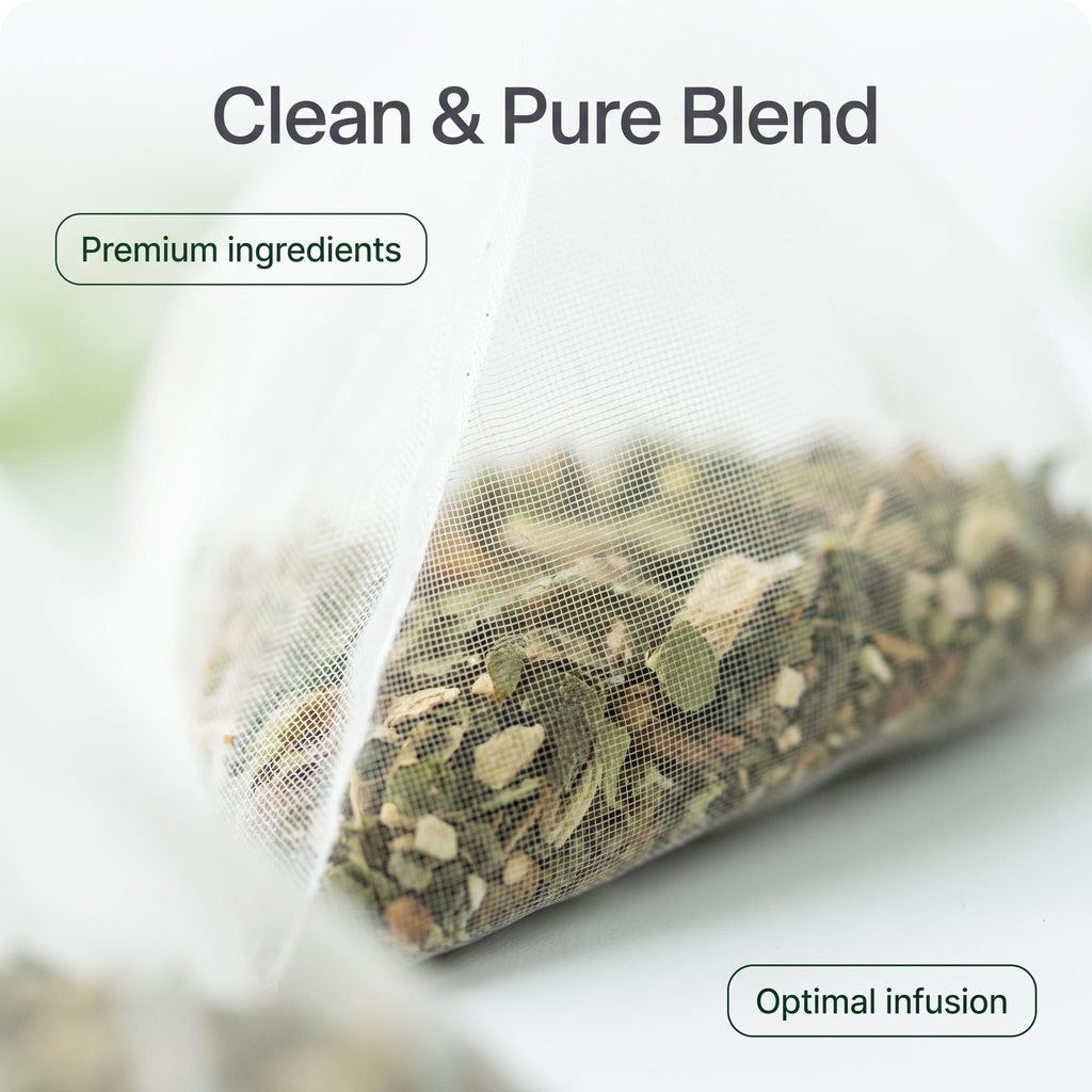 A close-up of a tea bag filled with loose herbal tea blend, with text overlays reading 'Clean & Pure Blend', 'Premium ingredients', and 'Optimal infusion' on a soft white background.