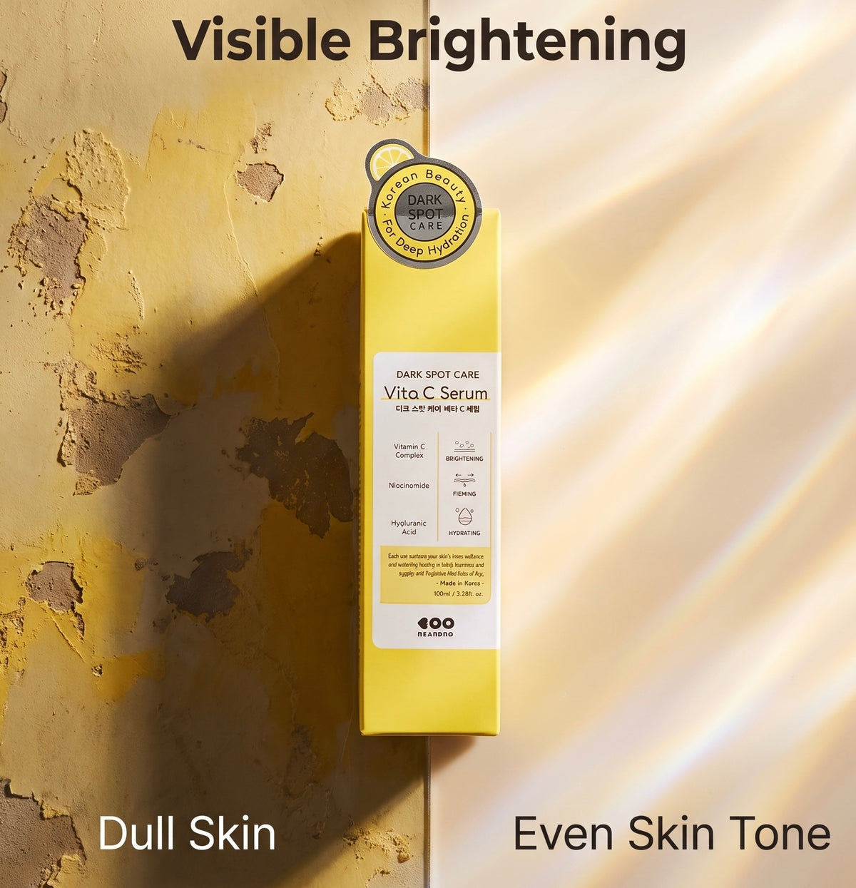 A yellow rectangular box of 400 Skin Vita C Serum Dark Spot Care is shown vertically against a split textured background, with text reading 'Visible Brightening' at the top and 'Dull Skin Even Skin Tone' at the bottom.