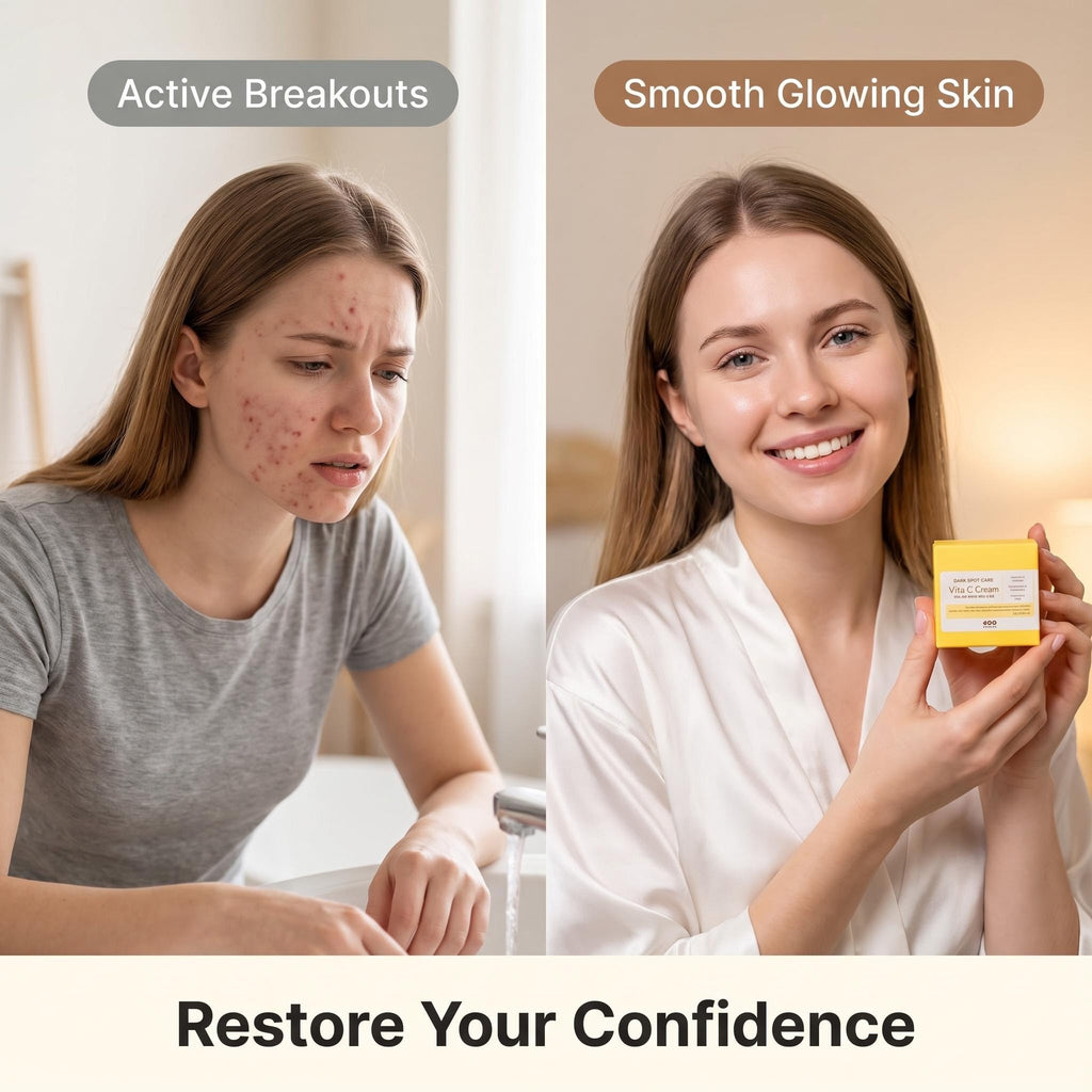 A split-screen comparison showing a woman before and after using a skincare product. The left side shows her with active breakouts and a gray shirt, and the right side shows her with smooth glowing skin and a white robe, holding a small yellow skincare box.