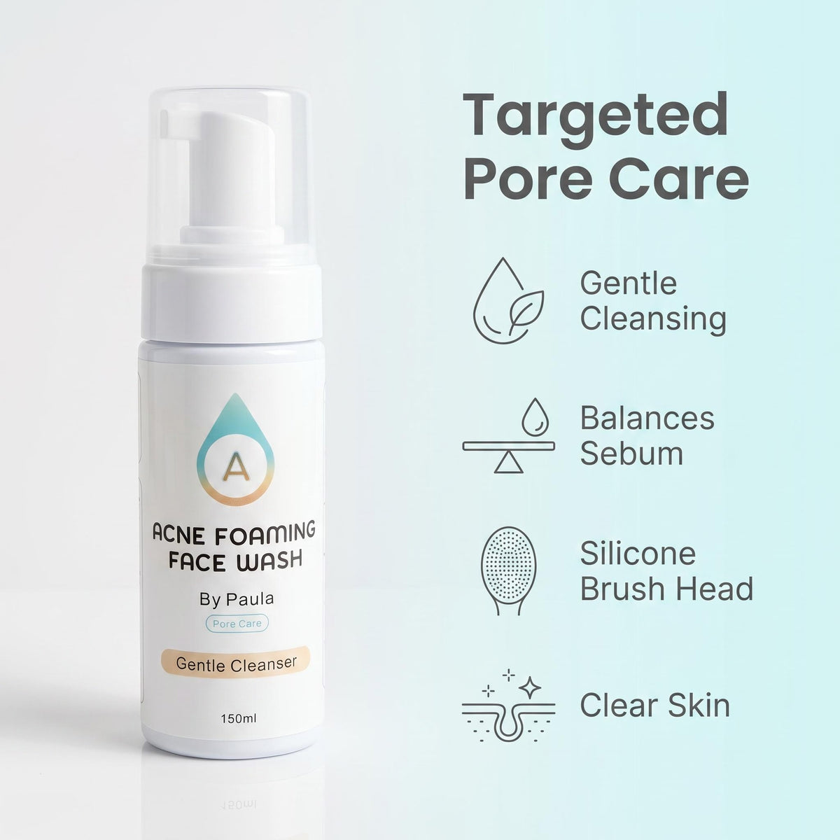 A bottle of Acne Foaming Face Wash by Paula on a clean white background, with marketing text and icons on the right highlighting gentle cleansing, balanced sebum, silicone brush head, and clear skin benefits.