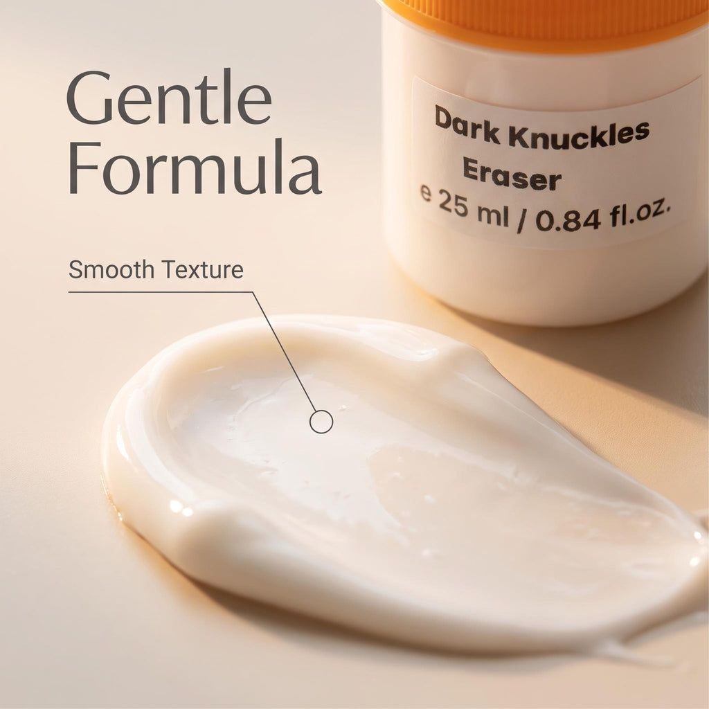 Creamy off-white cosmetic eraser product shown with a jar labeled 'Dark Knuckles Eraser' and text reading 'Gentle Formula' and 'Smooth Texture.'.